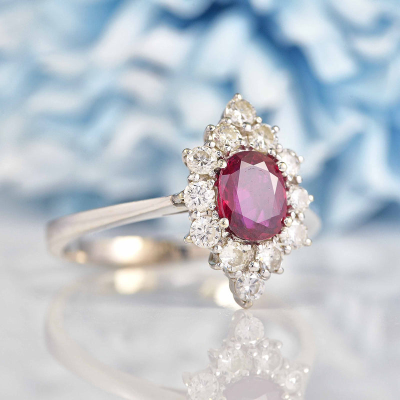 Ellibelle Jewellery Vintage 1978 Ruby & Diamond White Gold Cluster Engagement Ring