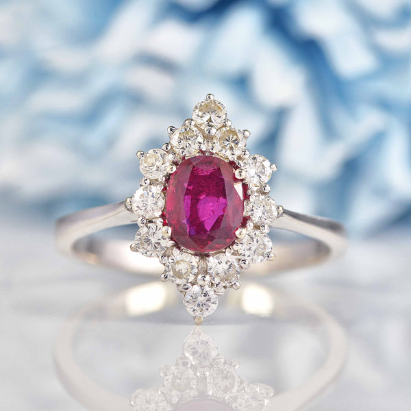 Ellibelle Jewellery Vintage 1978 Ruby & Diamond White Gold Cluster Engagement Ring