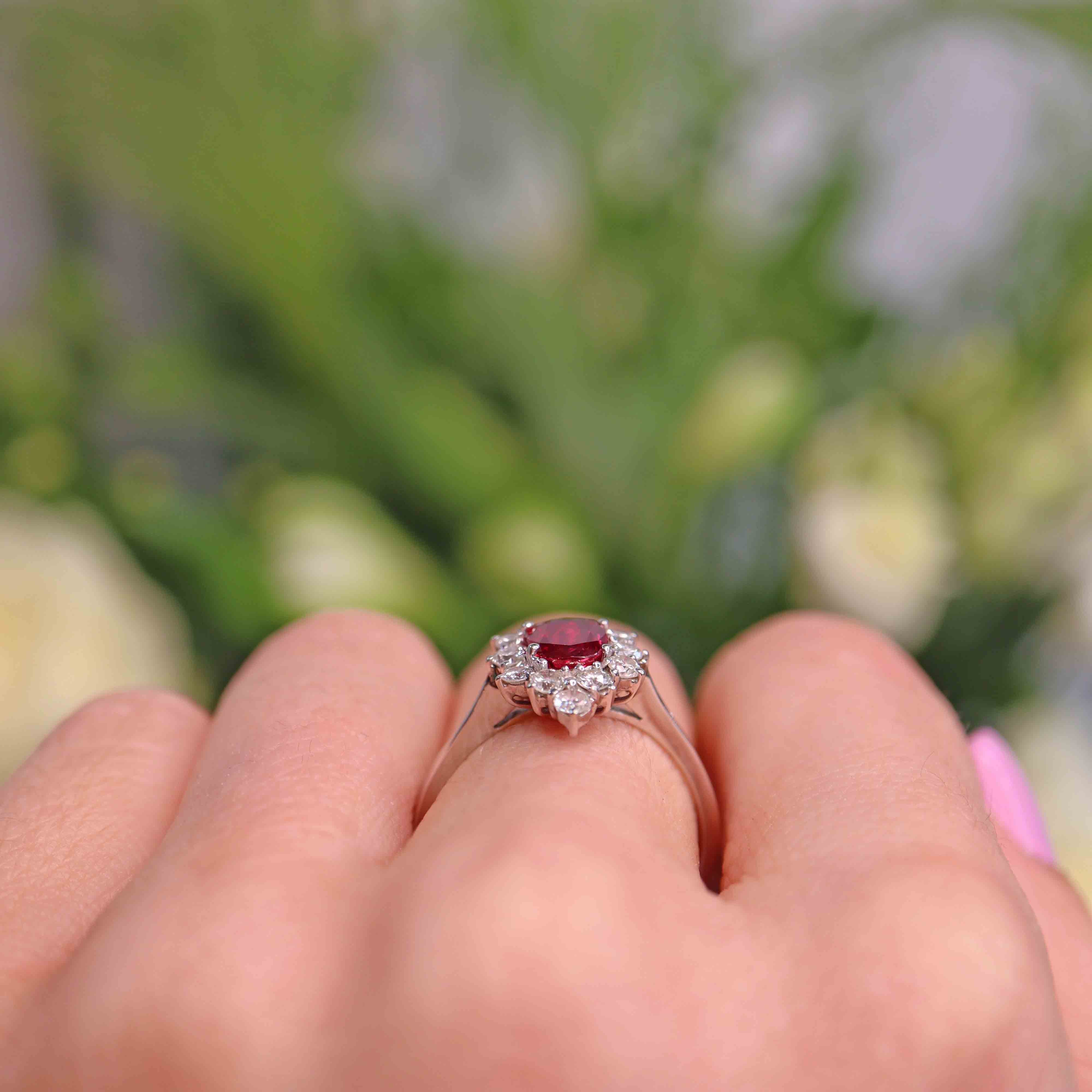 Ellibelle Jewellery Vintage 1978 Ruby & Diamond White Gold Cluster Engagement Ring