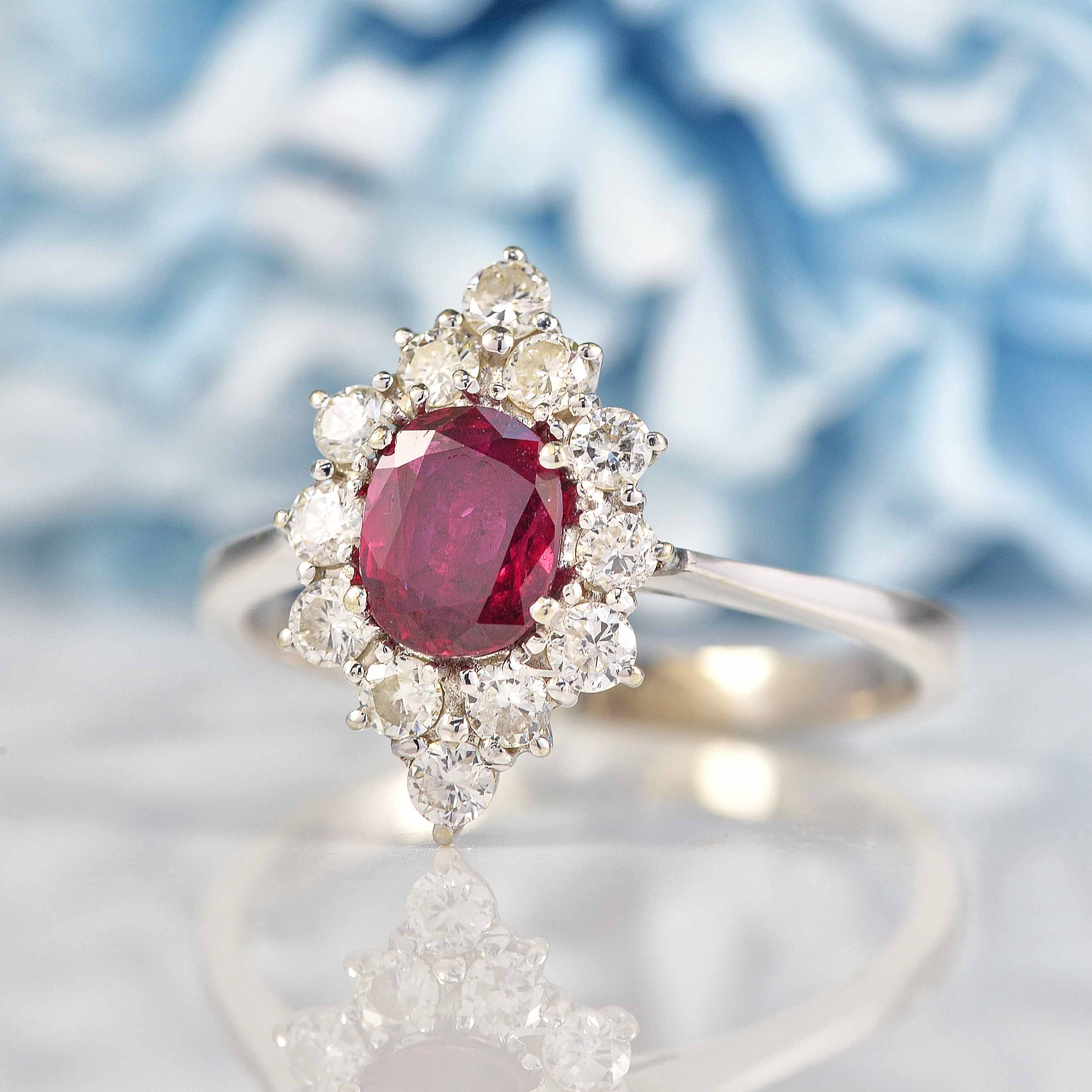 Vintage 1978 Ruby Diamond White Gold Cluster Engagement Ring