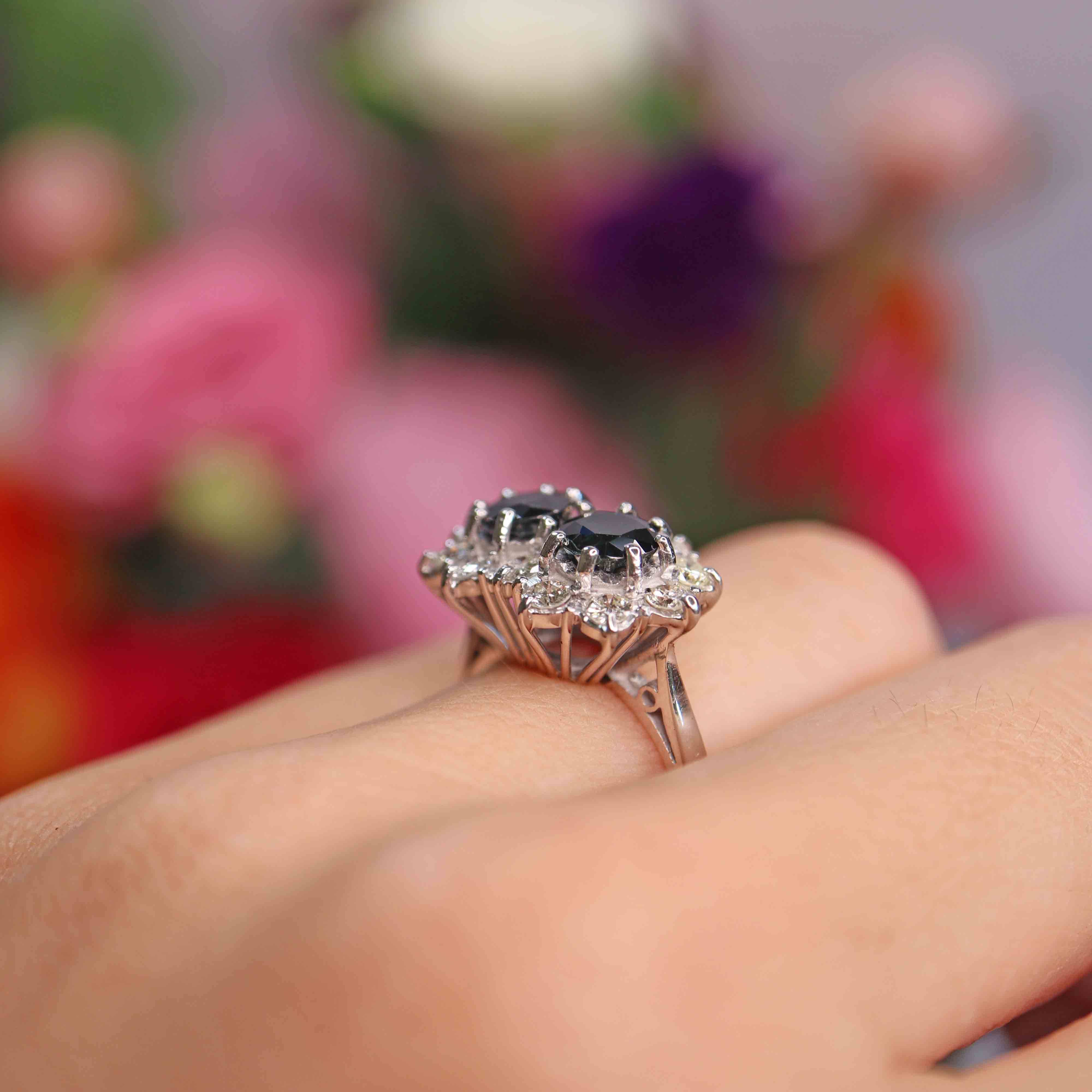 Ellibelle Jewellery Vintage 1978 Sapphire & Diamond 18ct White Gold Double-Cluster Ring