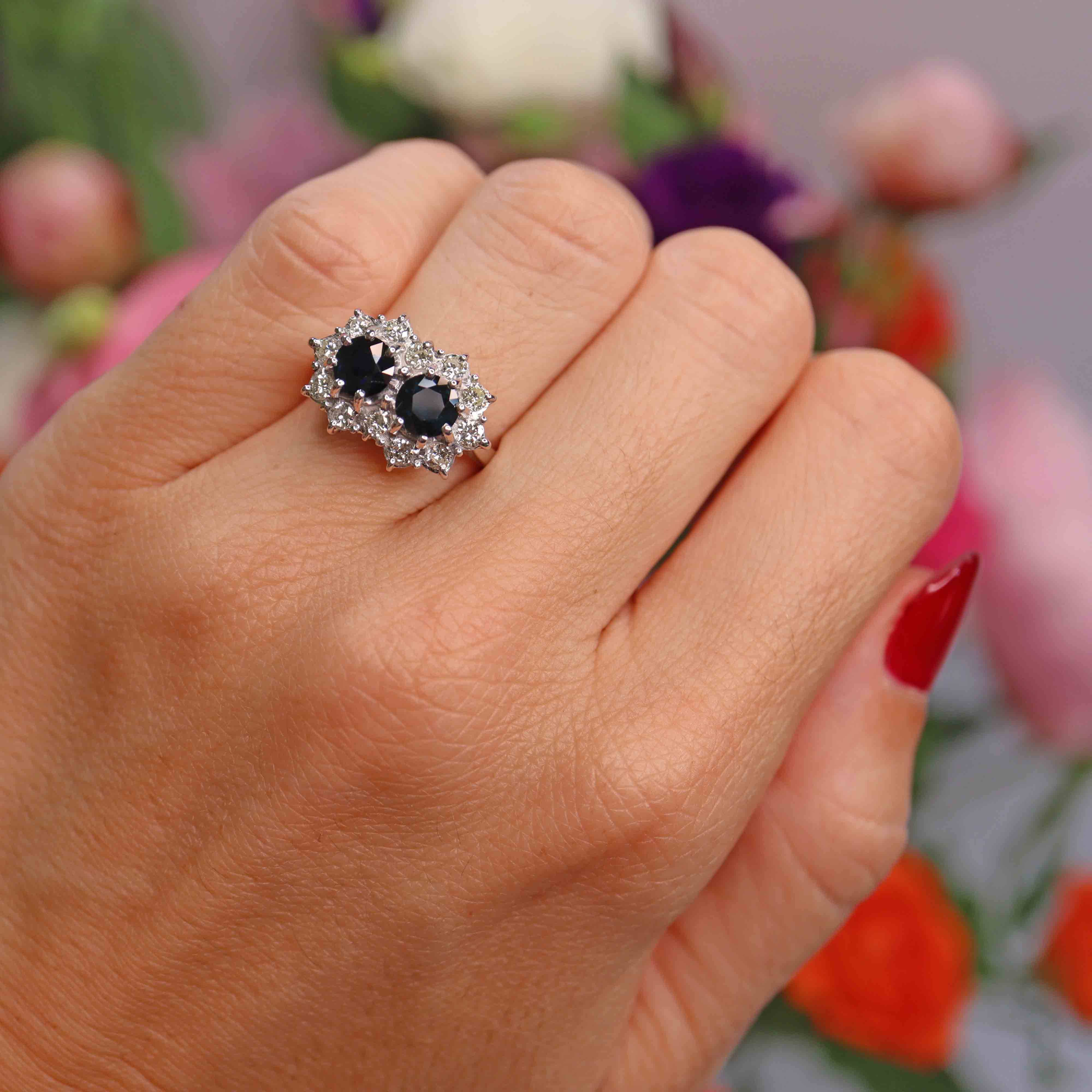 Ellibelle Jewellery Vintage 1978 Sapphire & Diamond 18ct White Gold Double-Cluster Ring
