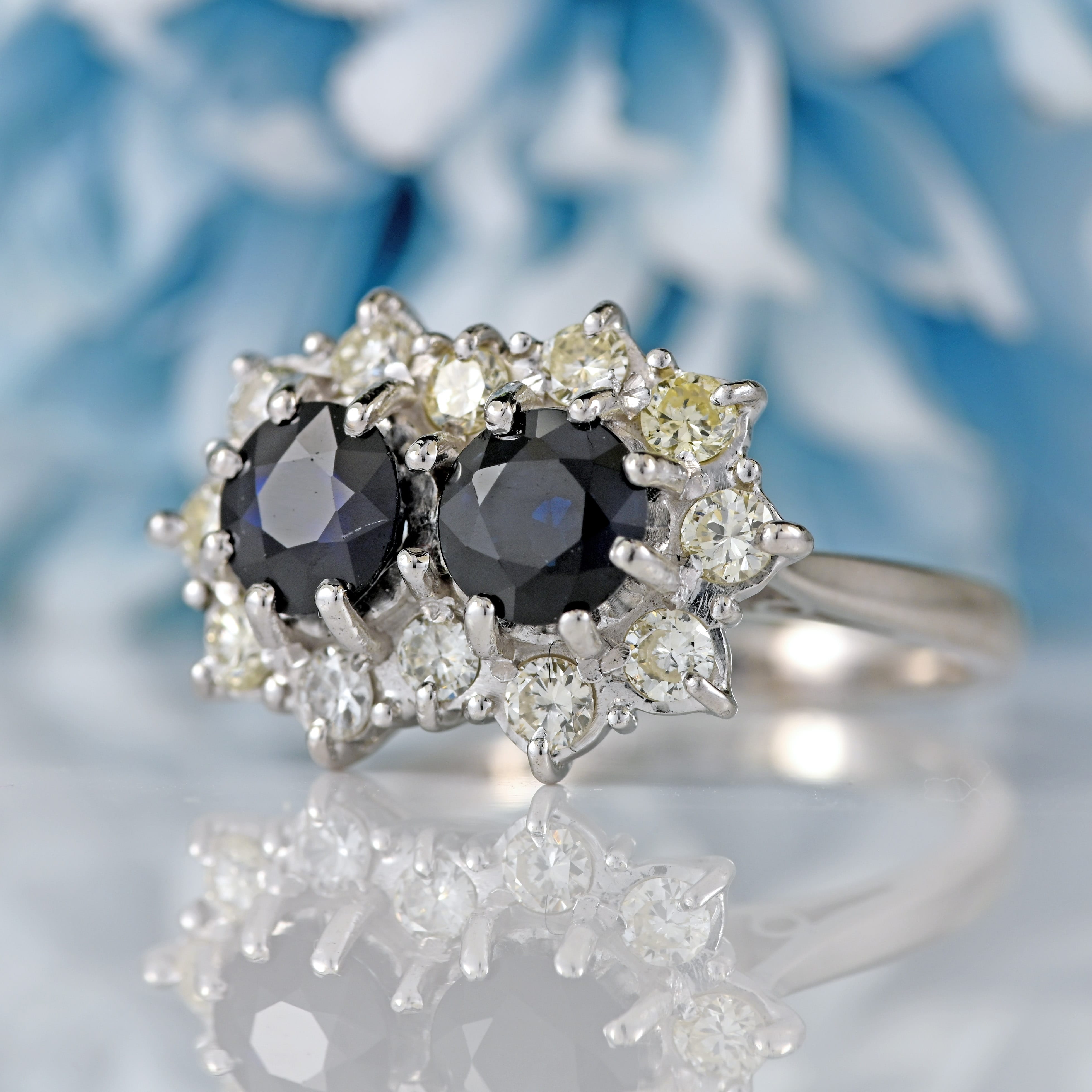 Ellibelle Jewellery Vintage 1978 Sapphire & Diamond 18ct White Gold Double-Cluster Ring