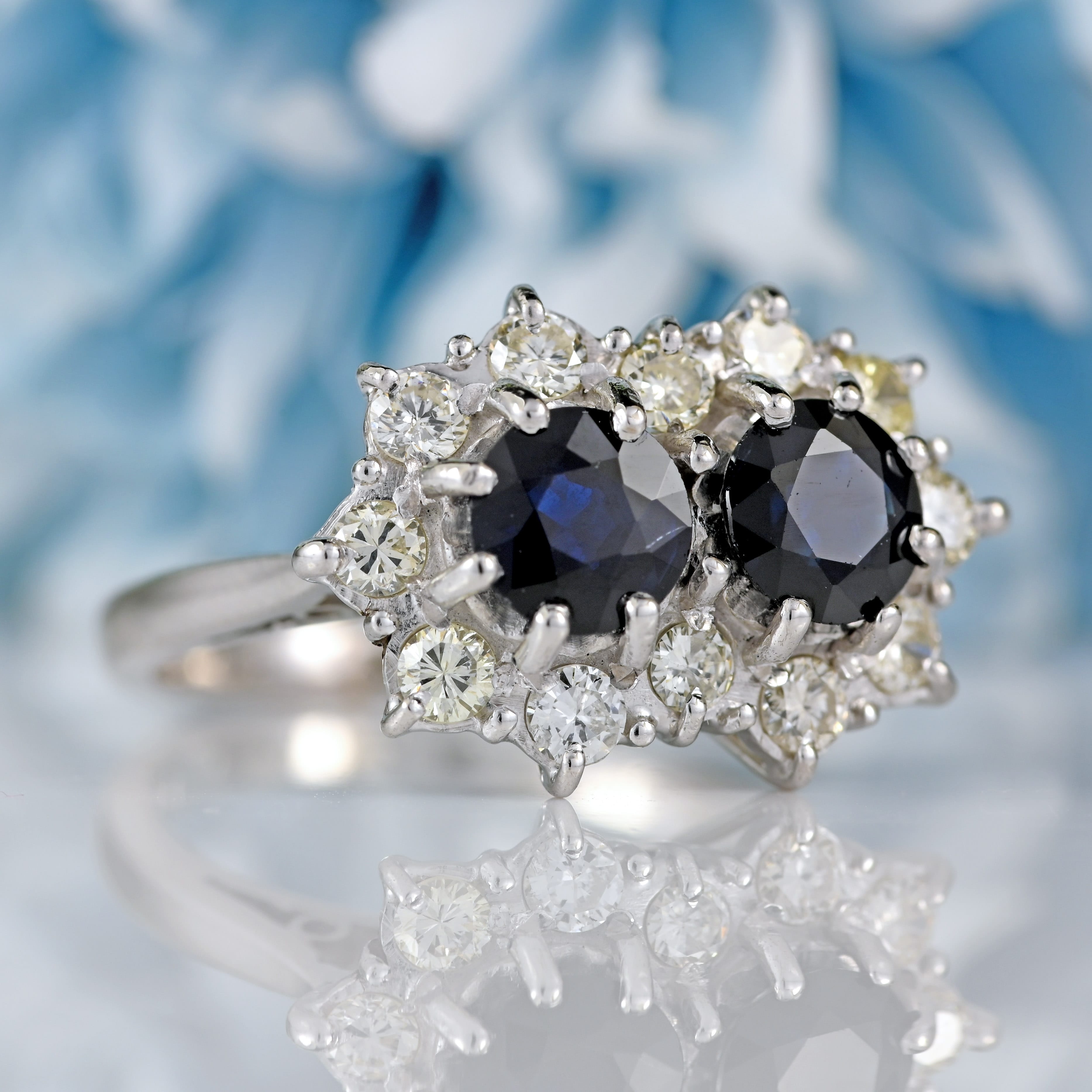 Ellibelle Jewellery Vintage 1978 Sapphire & Diamond 18ct White Gold Double-Cluster Ring