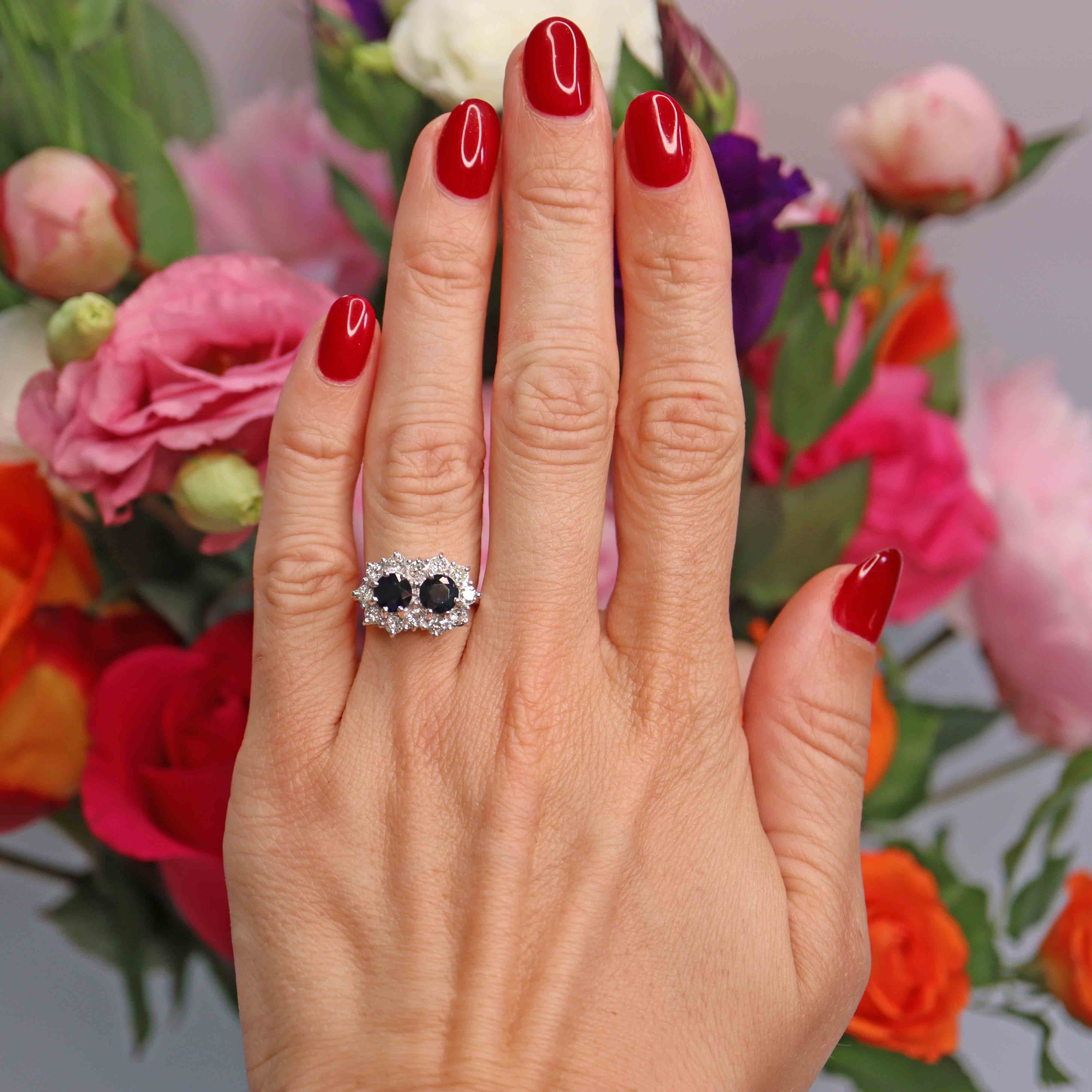 Ellibelle Jewellery Vintage 1978 Sapphire & Diamond 18ct White Gold Double-Cluster Ring