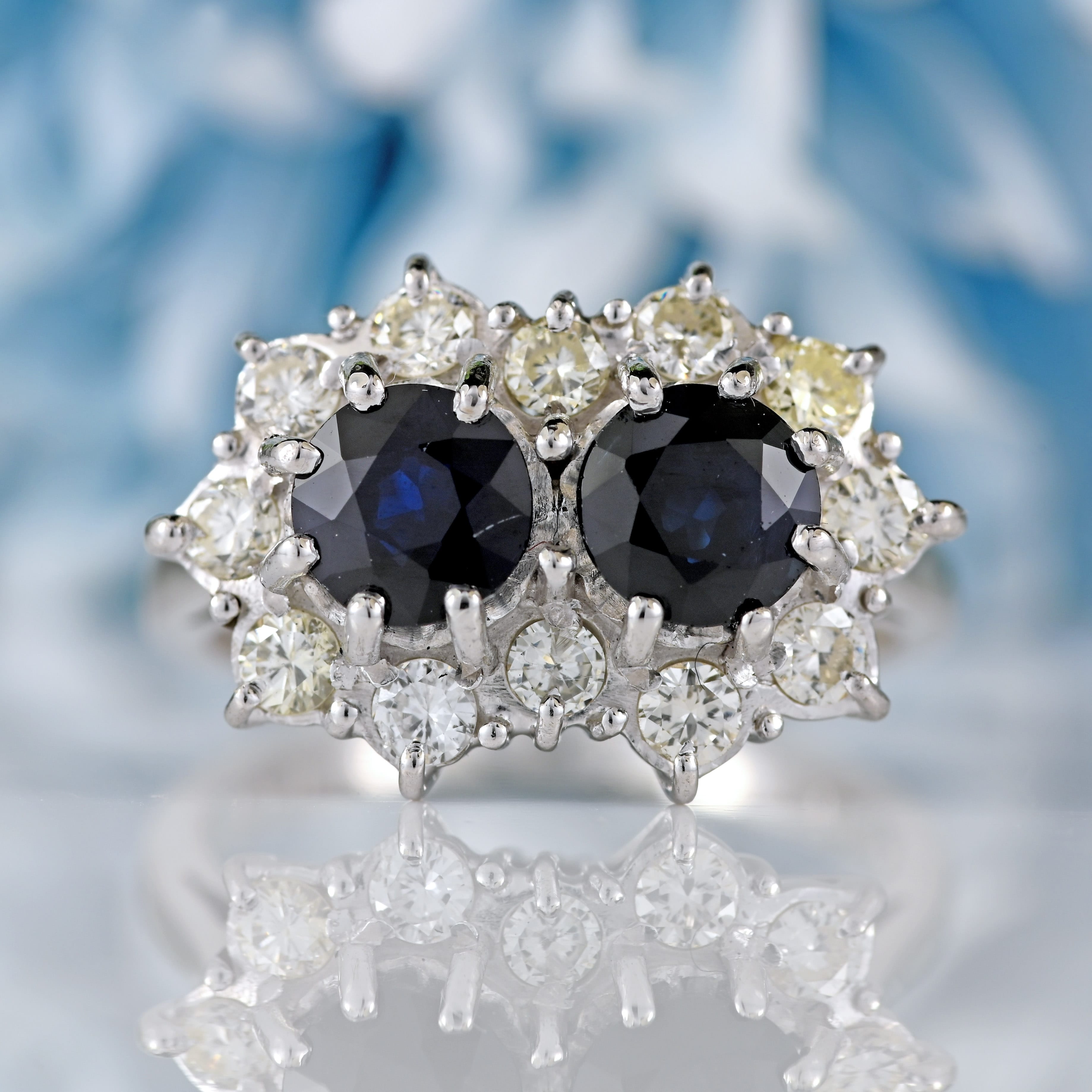 Ellibelle Jewellery Vintage 1978 Sapphire & Diamond 18ct White Gold Double-Cluster Ring