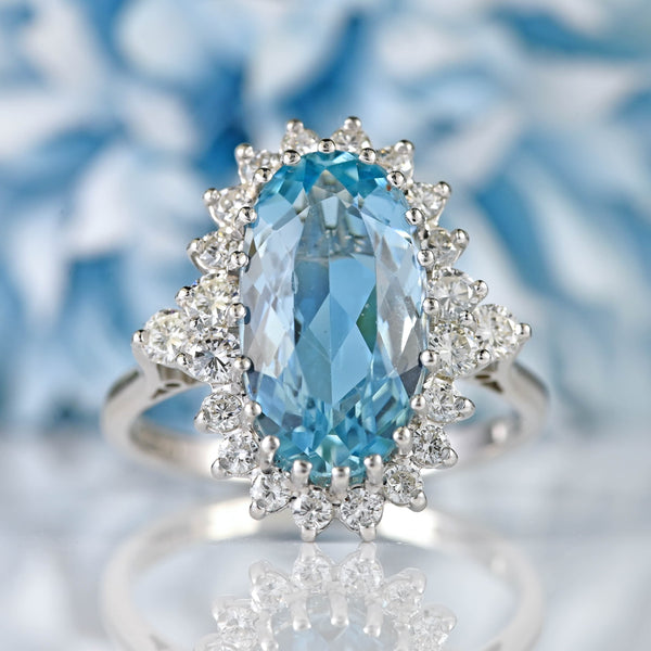 Ellibelle Jewellery Vintage 1979 Aquamarine & Diamond 18ct White Gold Cluster Ring