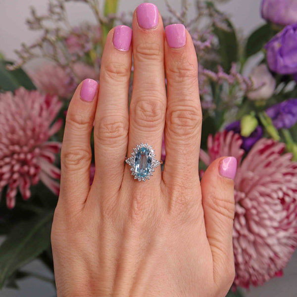 Ellibelle Jewellery Vintage 1979 Aquamarine & Diamond 18ct White Gold Cluster Ring