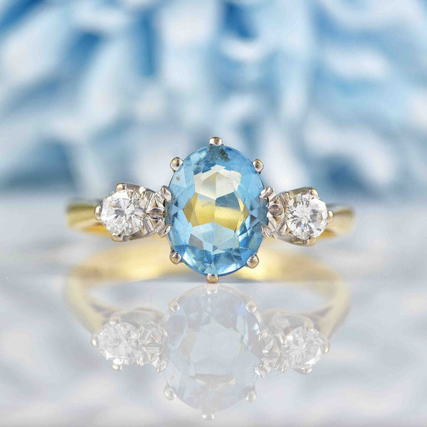 Ellibelle Jewellery Vintage 1979 Aquamarine & Diamond Three Stone Engagement Ring