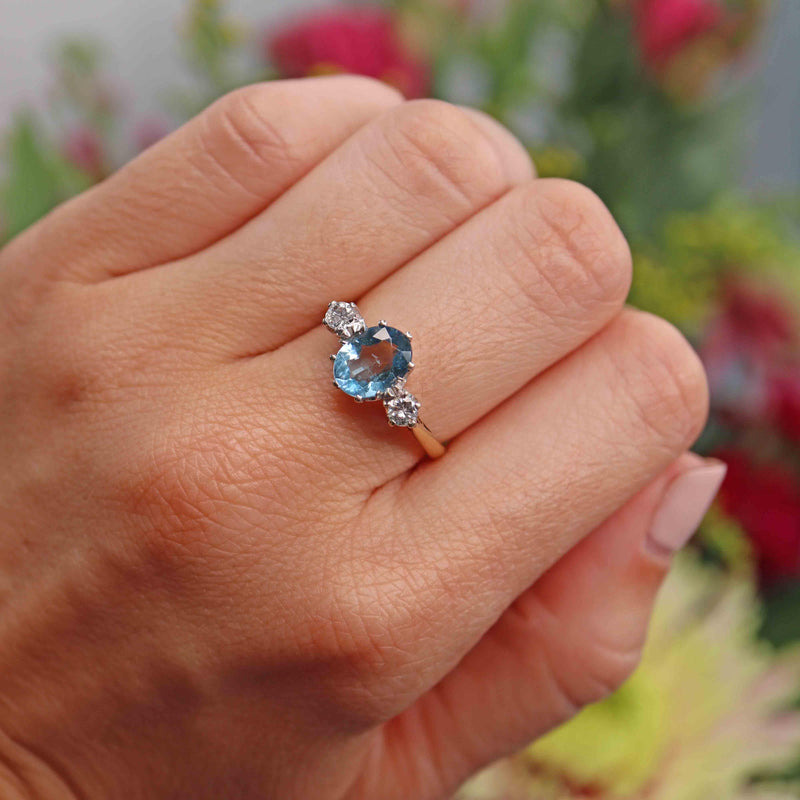 Ellibelle Jewellery Vintage 1979 Aquamarine & Diamond Three Stone Engagement Ring