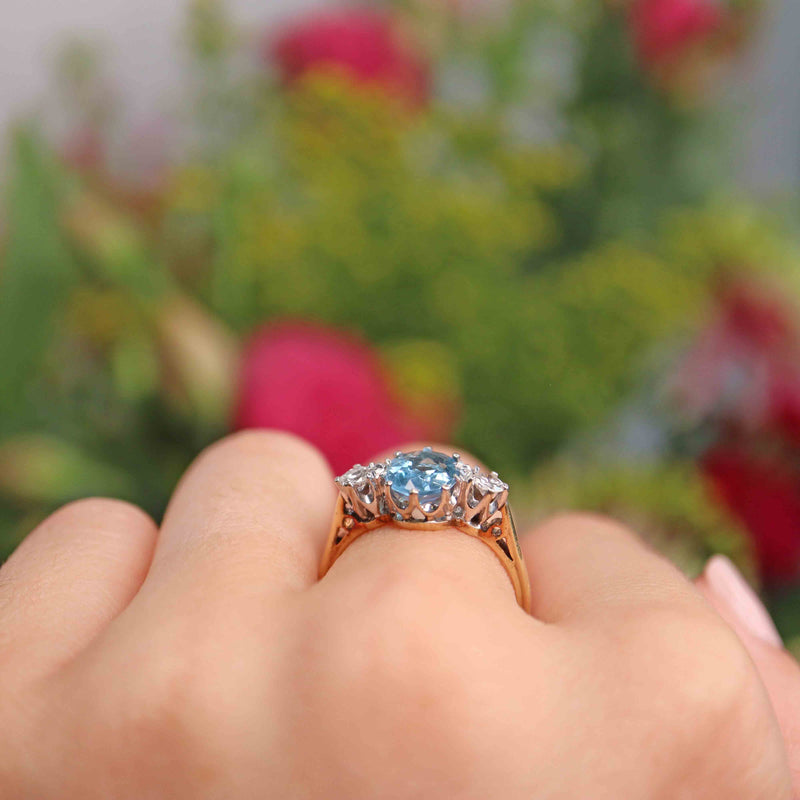 Ellibelle Jewellery Vintage 1979 Aquamarine & Diamond Three Stone Engagement Ring