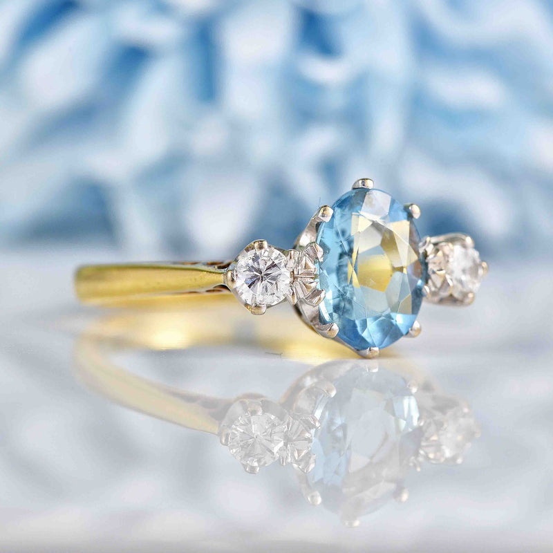 Ellibelle Jewellery Vintage 1979 Aquamarine & Diamond Three Stone Engagement Ring