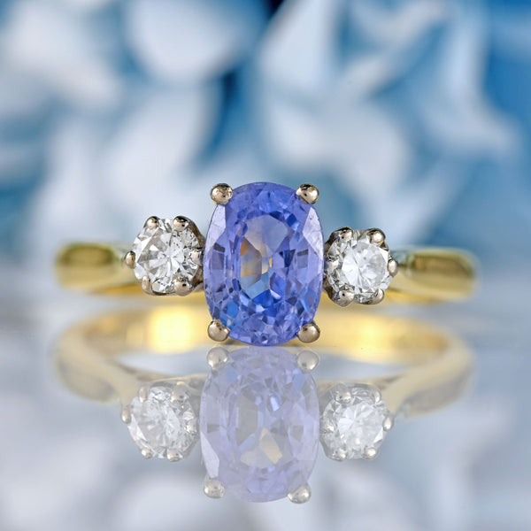 Ellibelle Jewellery Vintage 1979 Ceylon Sapphire & Diamond 18ct Gold Three-Stone Engagement Ring