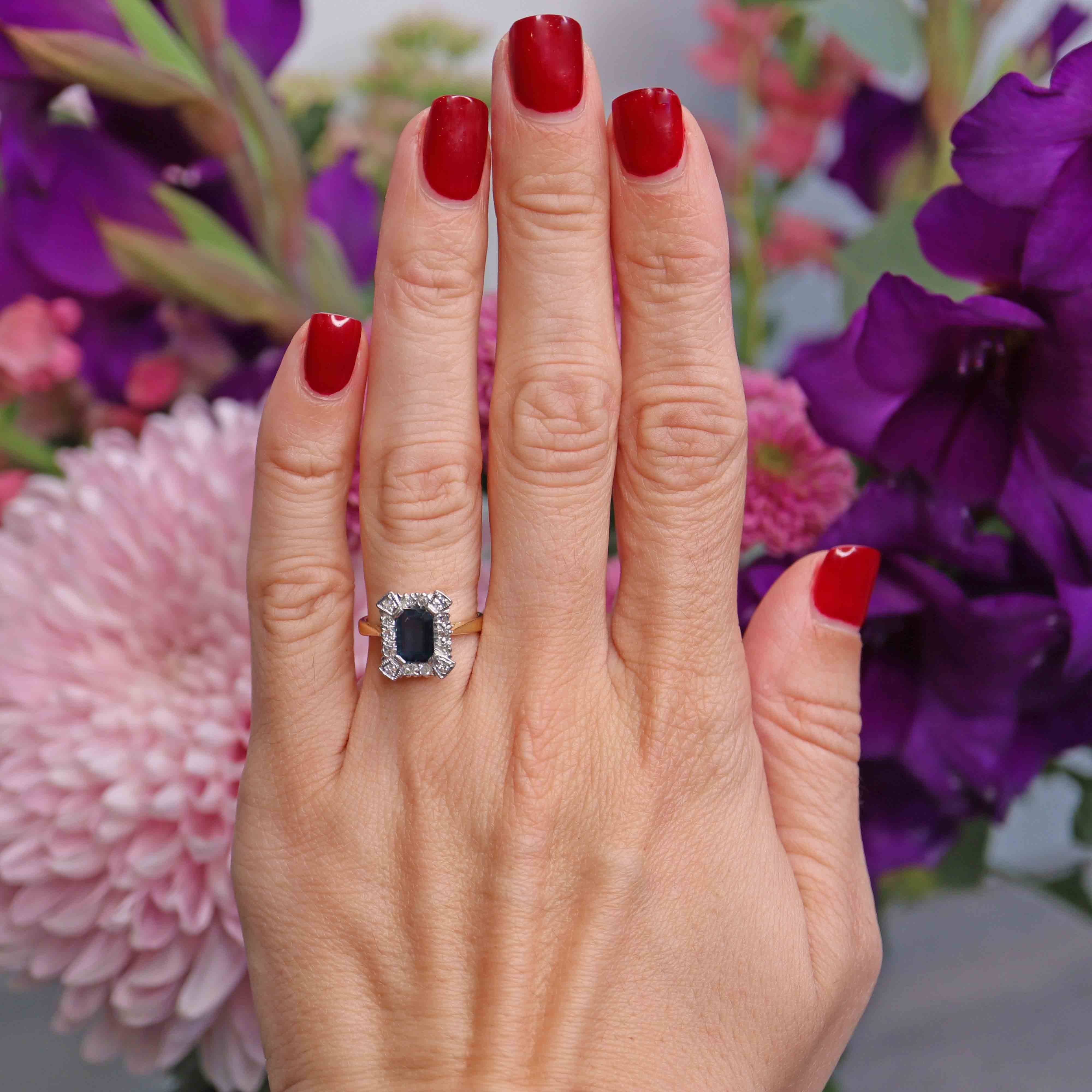 Ellibelle Jewellery Vintage 1979 Emerald-Cut Sapphire & Diamond 18ct Gold Cluster Ring