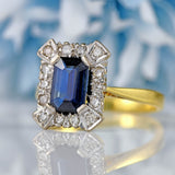 Ellibelle Jewellery Vintage 1979 Emerald-Cut Sapphire & Diamond 18ct Gold Cluster Ring