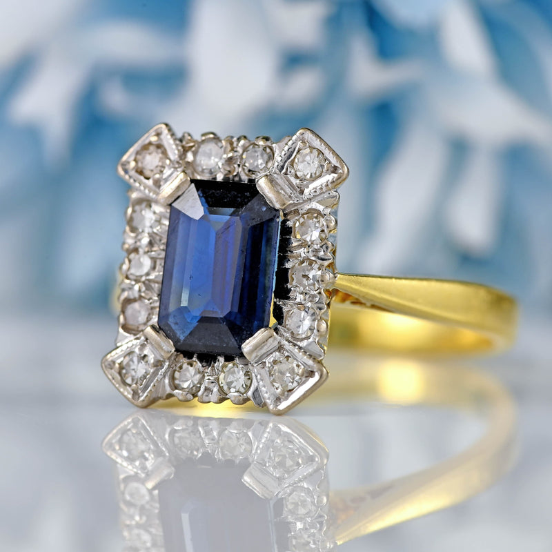 Ellibelle Jewellery Vintage 1979 Emerald-Cut Sapphire & Diamond 18ct Gold Cluster Ring