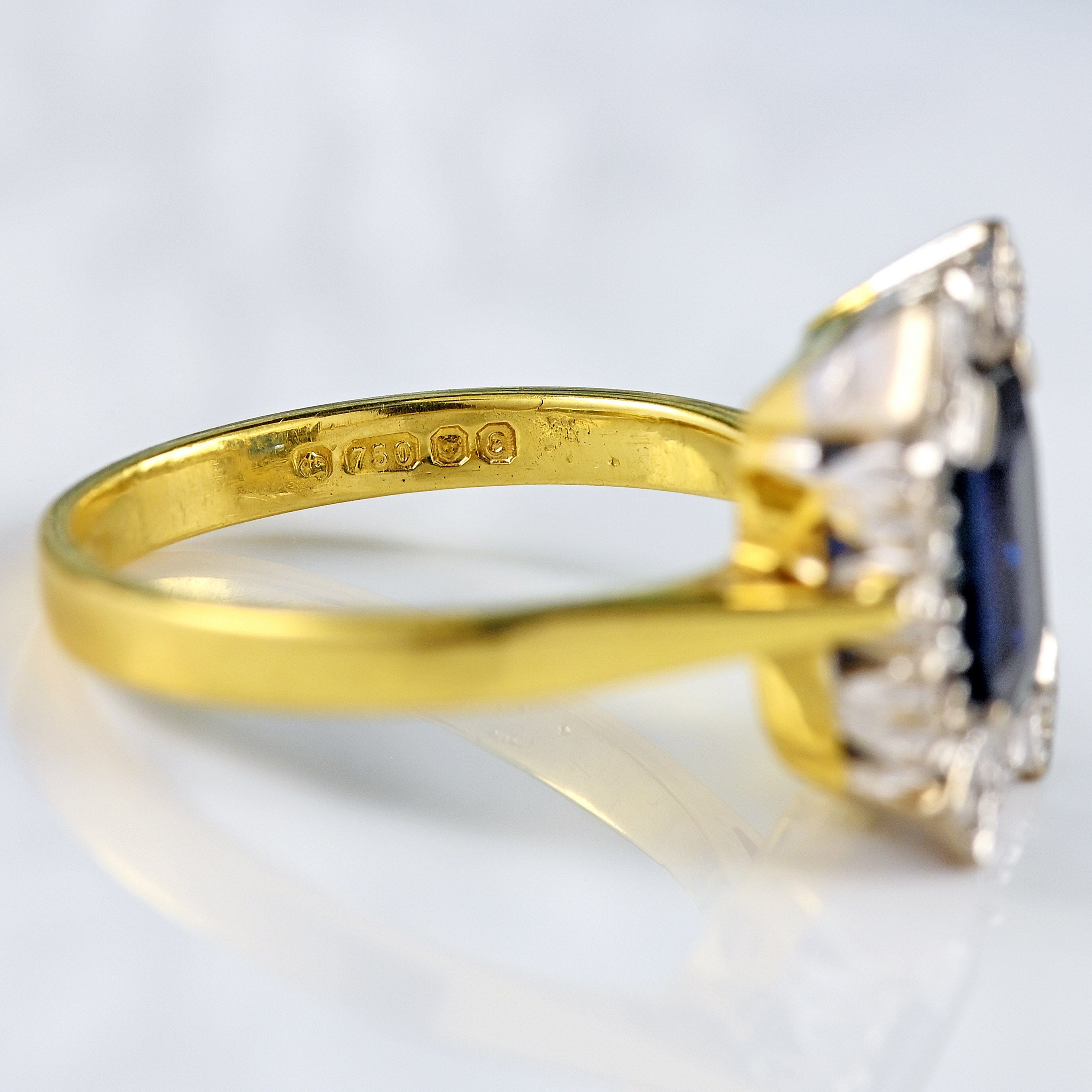 Ellibelle Jewellery Vintage 1979 Emerald-Cut Sapphire & Diamond 18ct Gold Cluster Ring