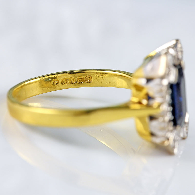 Ellibelle Jewellery Vintage 1979 Emerald-Cut Sapphire & Diamond 18ct Gold Cluster Ring