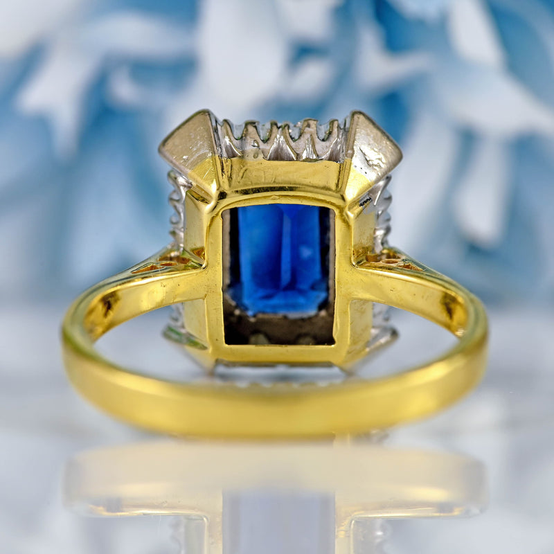 Ellibelle Jewellery Vintage 1979 Emerald-Cut Sapphire & Diamond 18ct Gold Cluster Ring