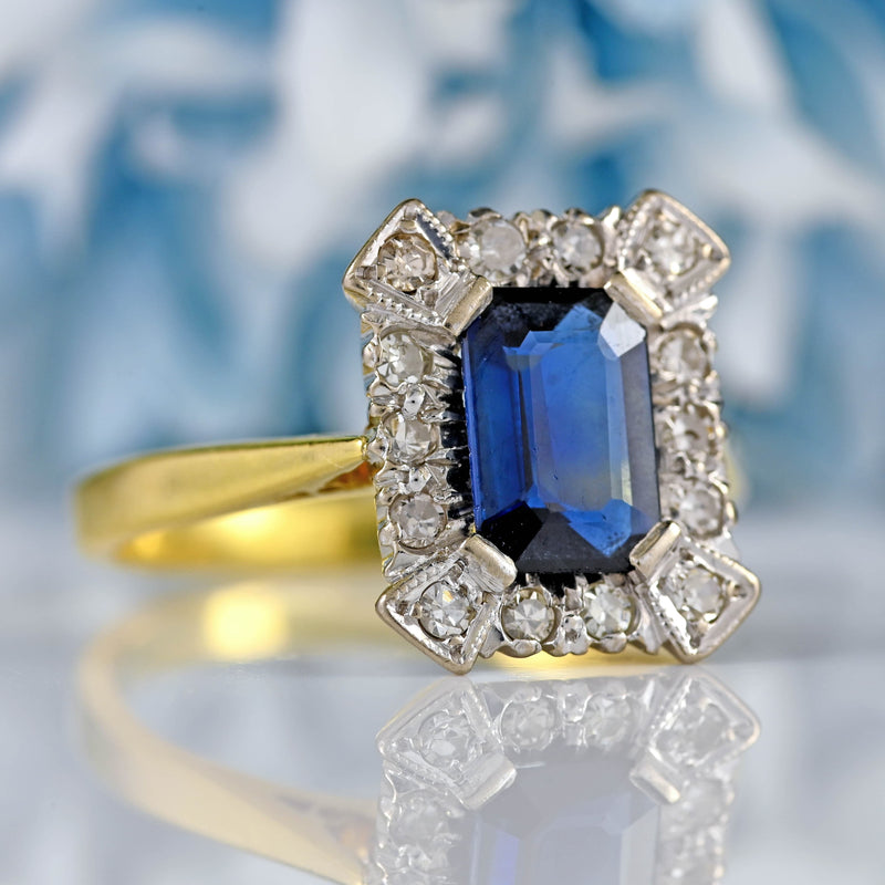 Ellibelle Jewellery Vintage 1979 Emerald-Cut Sapphire & Diamond 18ct Gold Cluster Ring