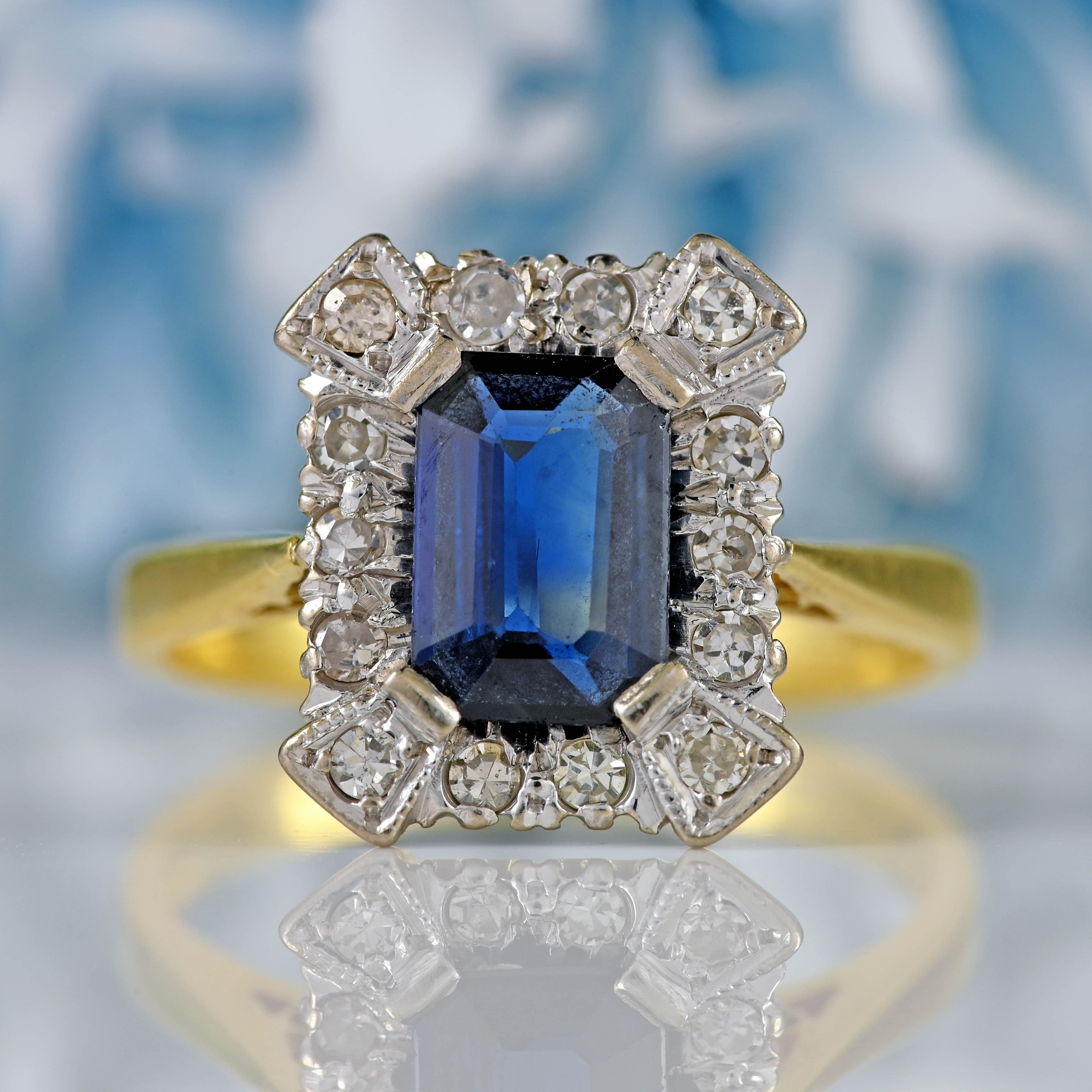 Ellibelle Jewellery Vintage 1979 Emerald-Cut Sapphire & Diamond 18ct Gold Cluster Ring