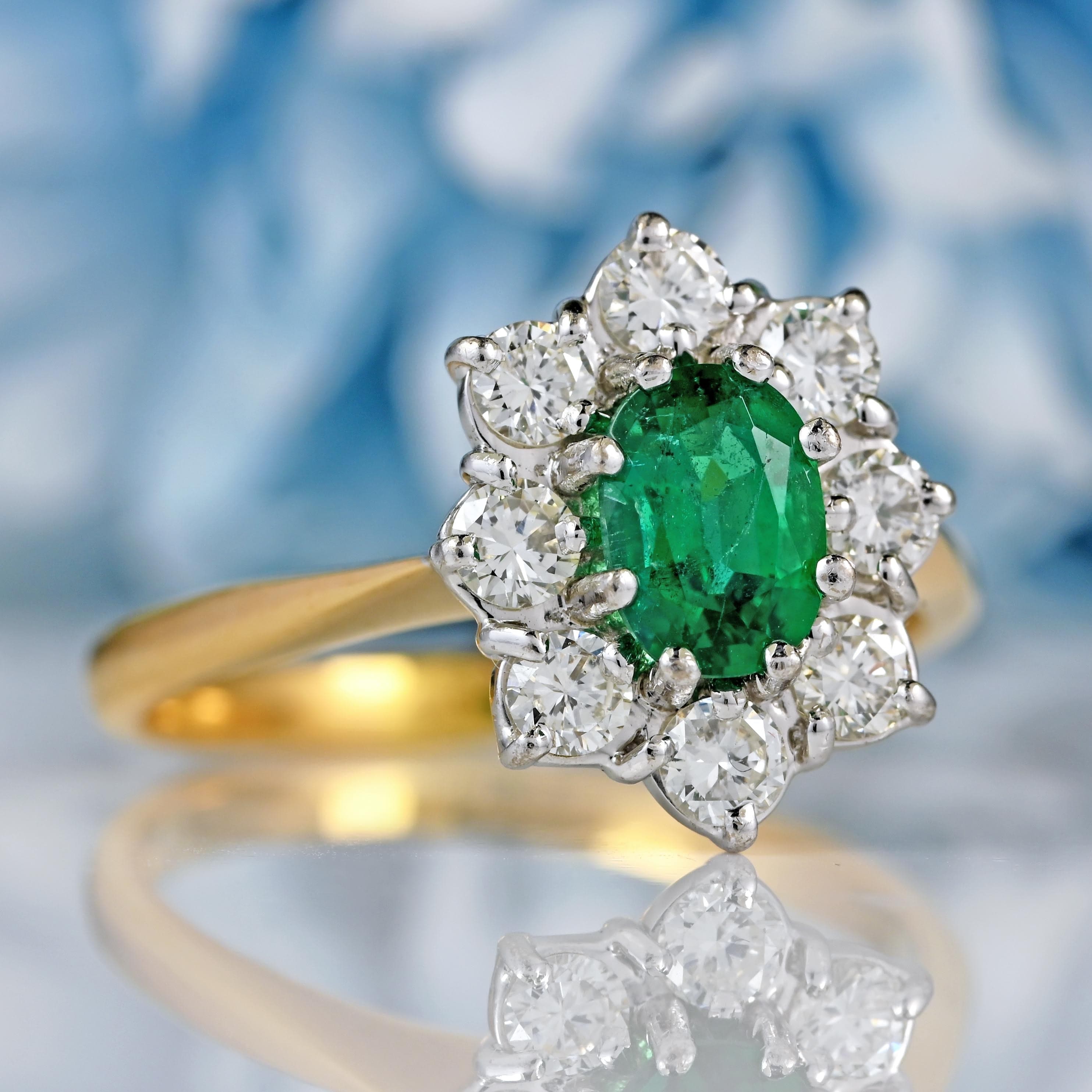 Ellibelle Jewellery Vintage 1979 Emerald & Diamond 18ct Gold Cluster Ring (0.72ct)