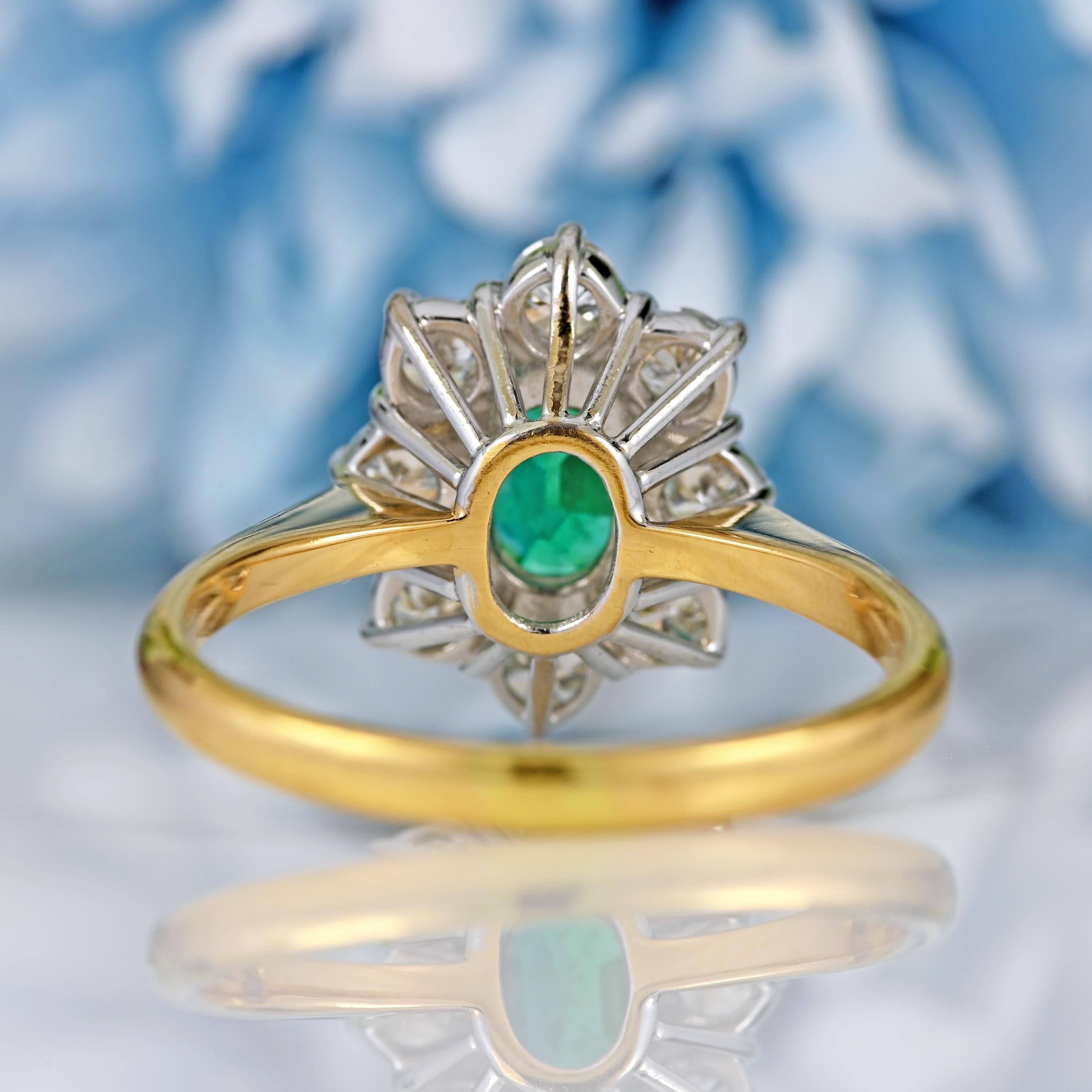 Ellibelle Jewellery Vintage 1979 Emerald & Diamond 18ct Gold Cluster Ring (0.72ct)