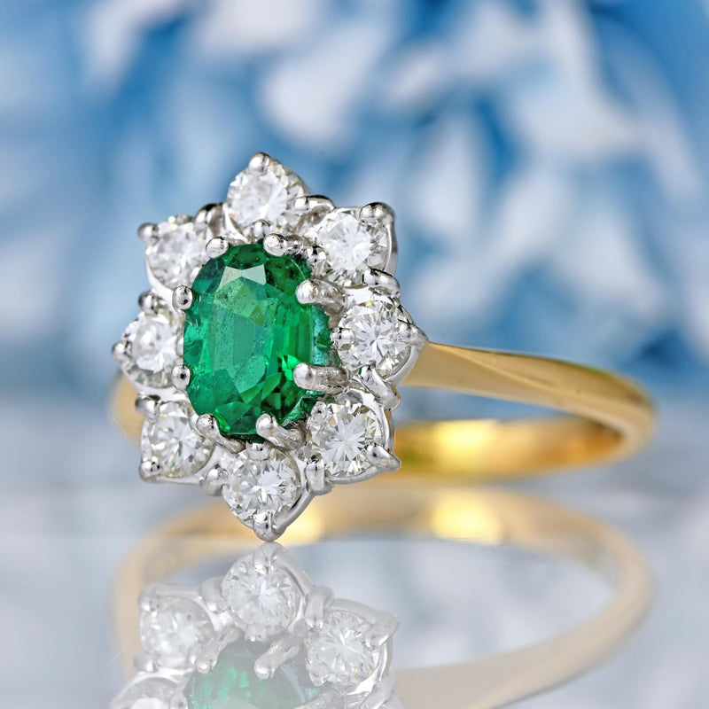 Ellibelle Jewellery Vintage 1979 Emerald & Diamond 18ct Gold Cluster Ring (0.72ct)