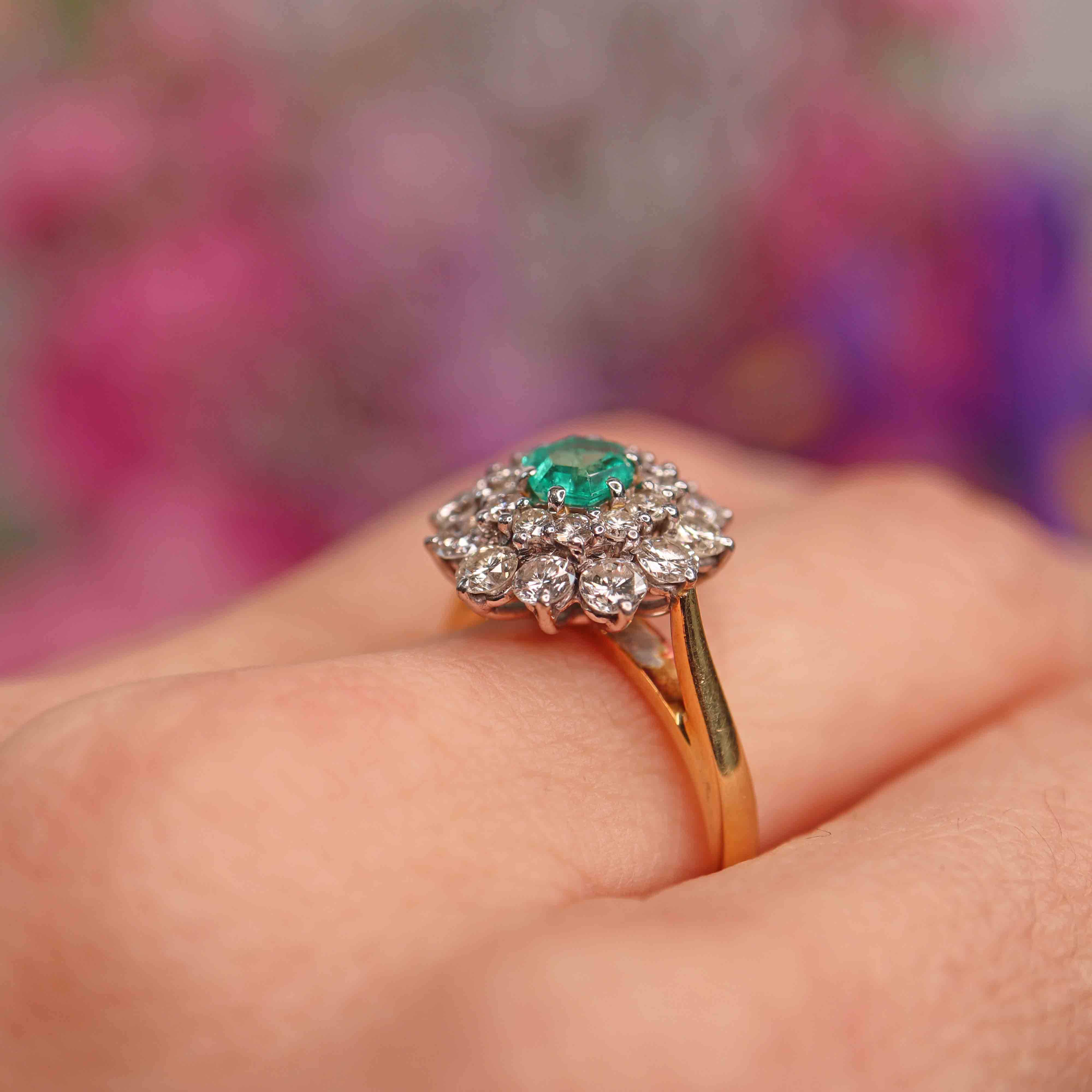 Ellibelle Jewellery Vintage 1979 Hexagonal Emerald & Diamond 18ct Gold Double-Cluster Ring