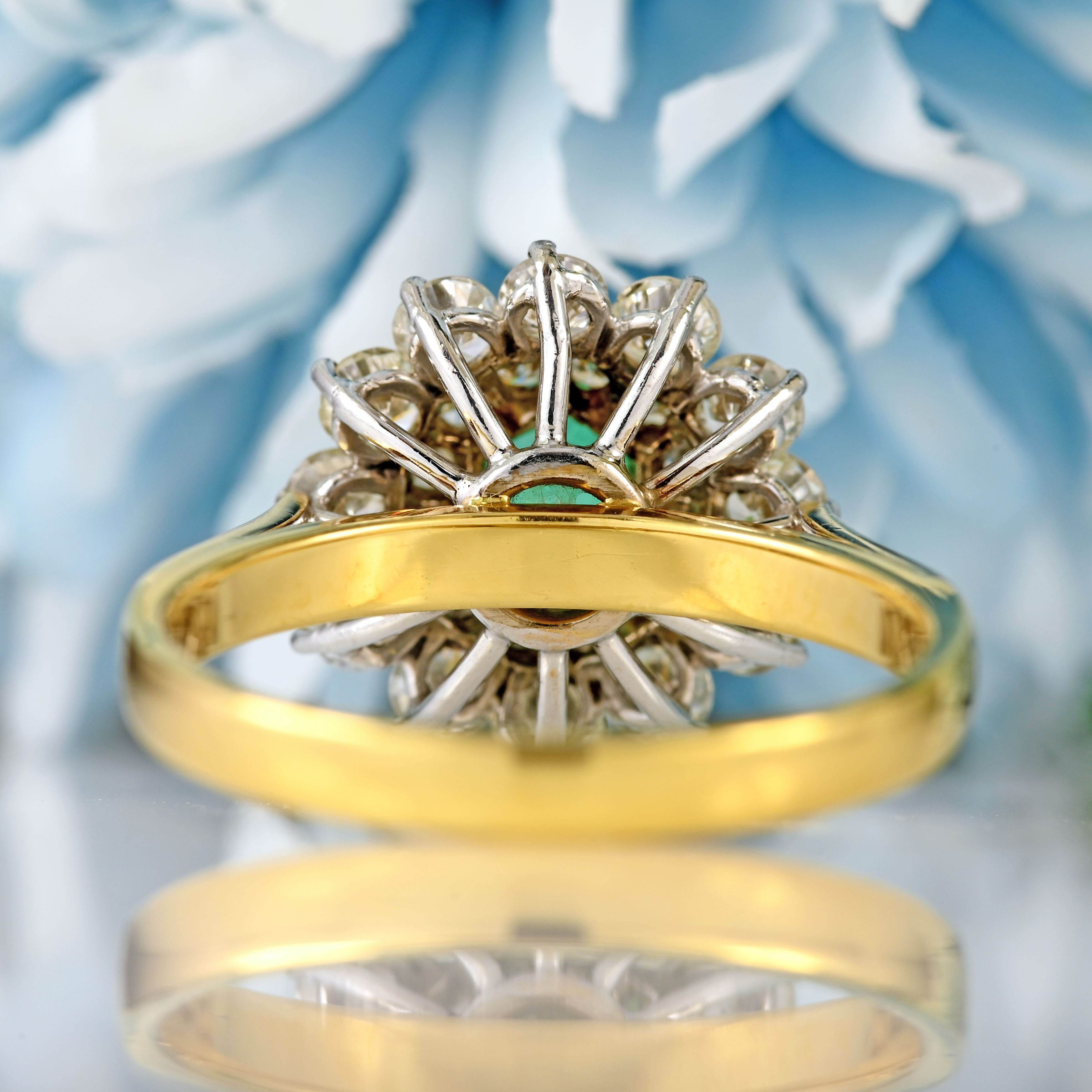 Ellibelle Jewellery Vintage 1979 Hexagonal Emerald & Diamond 18ct Gold Double-Cluster Ring