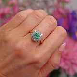 Ellibelle Jewellery Vintage 1979 Hexagonal Emerald & Diamond 18ct Gold Double-Cluster Ring