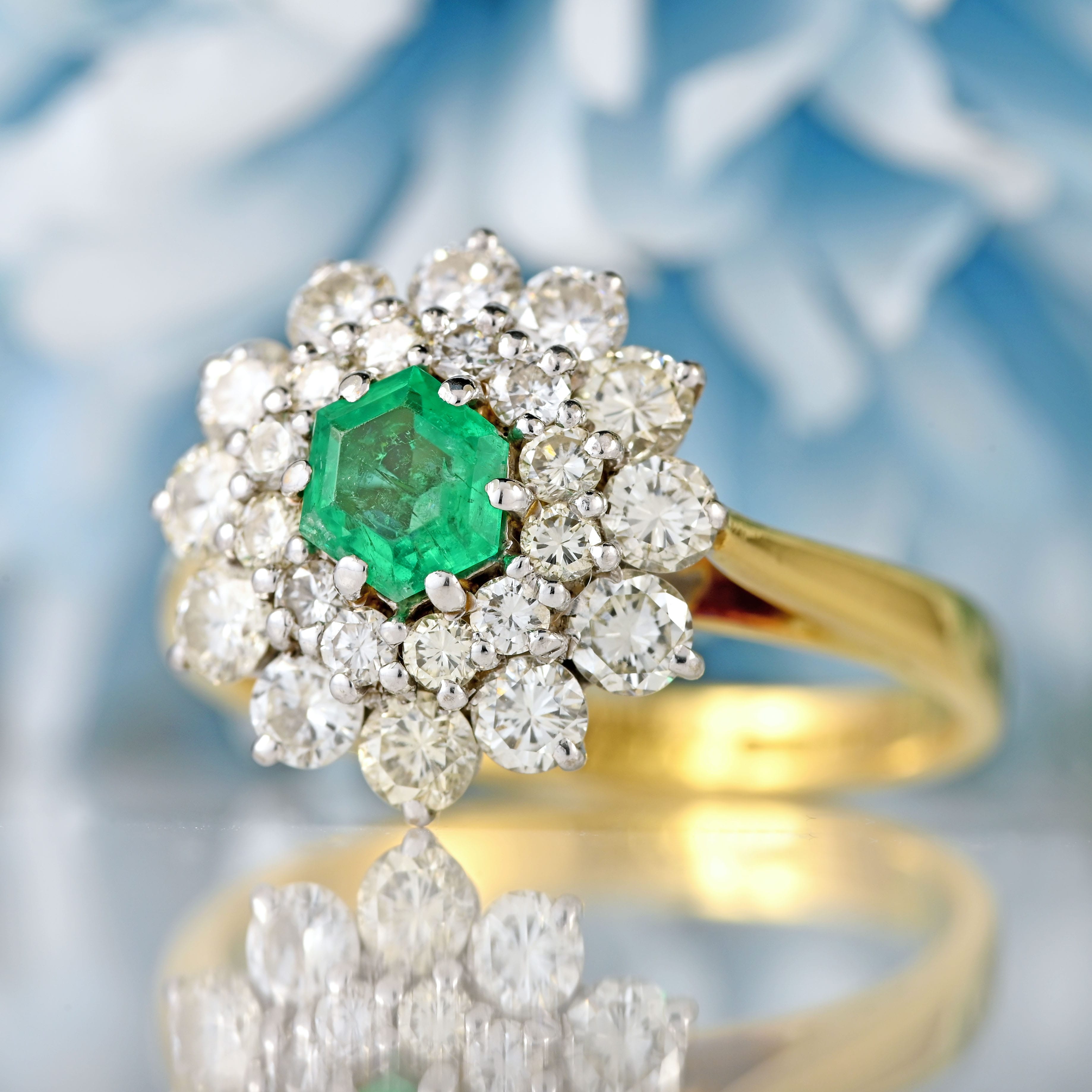 Ellibelle Jewellery Vintage 1979 Hexagonal Emerald & Diamond 18ct Gold Double-Cluster Ring