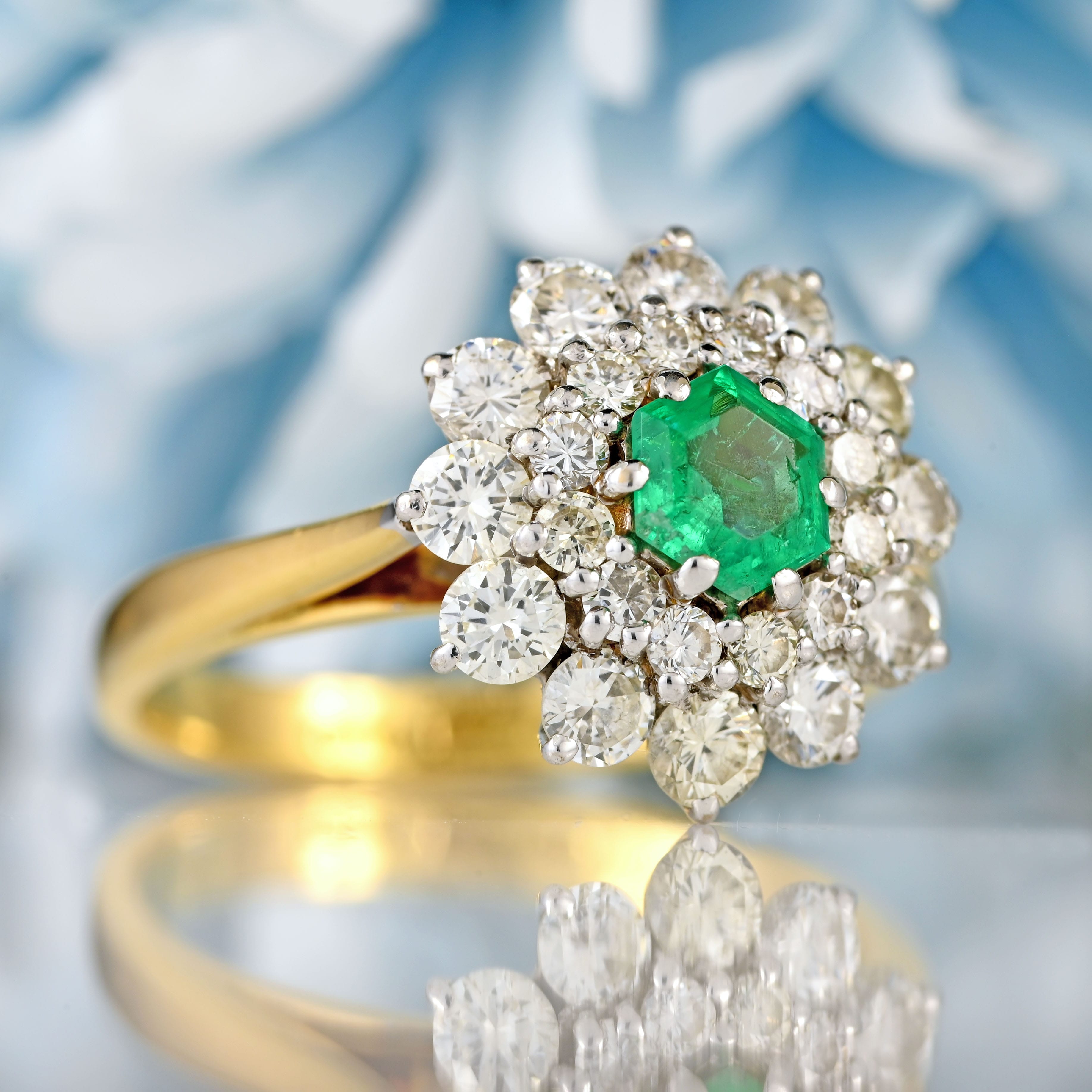 Ellibelle Jewellery Vintage 1979 Hexagonal Emerald & Diamond 18ct Gold Double-Cluster Ring