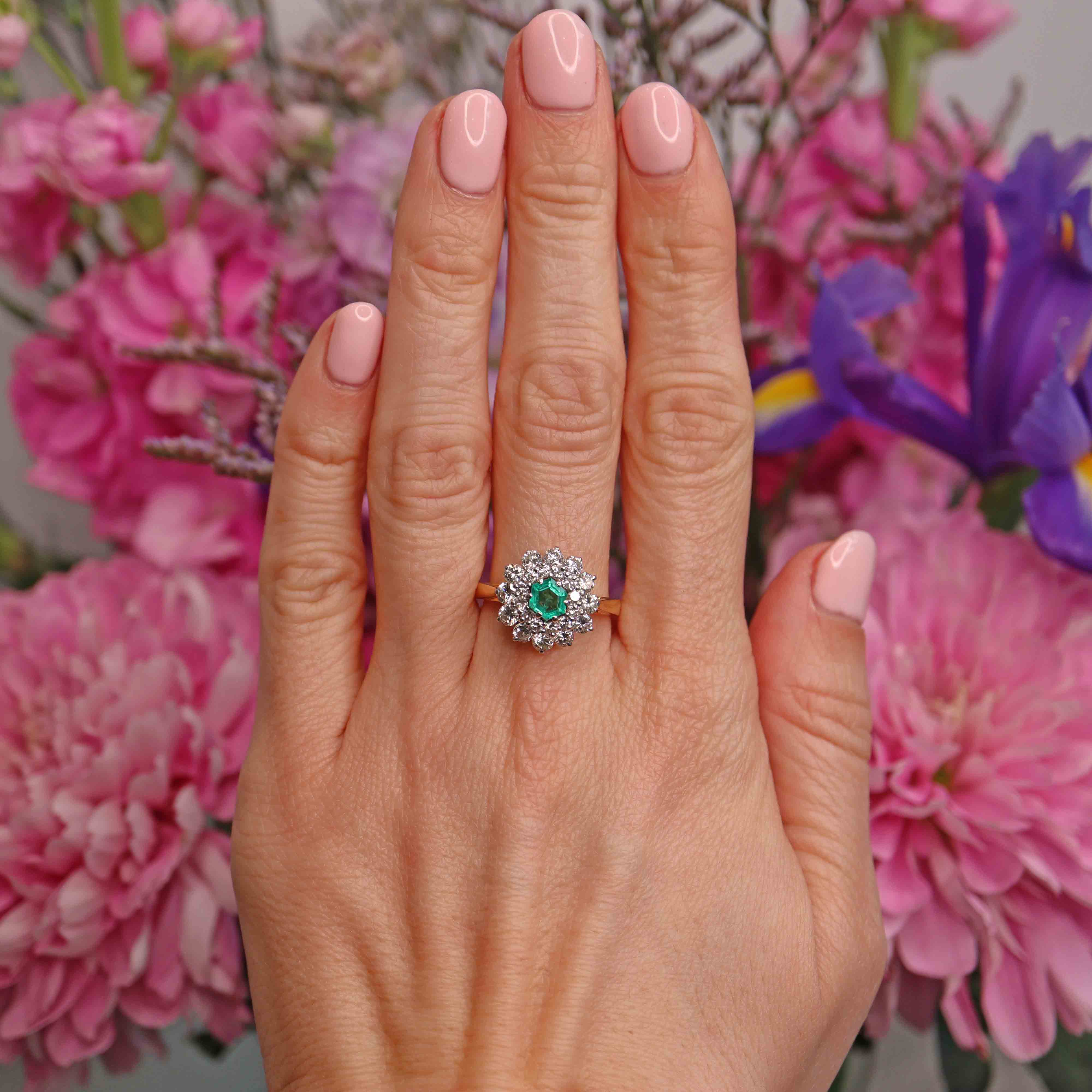 Ellibelle Jewellery Vintage 1979 Hexagonal Emerald & Diamond 18ct Gold Double-Cluster Ring