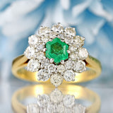 Ellibelle Jewellery Vintage 1979 Hexagonal Emerald & Diamond 18ct Gold Double-Cluster Ring