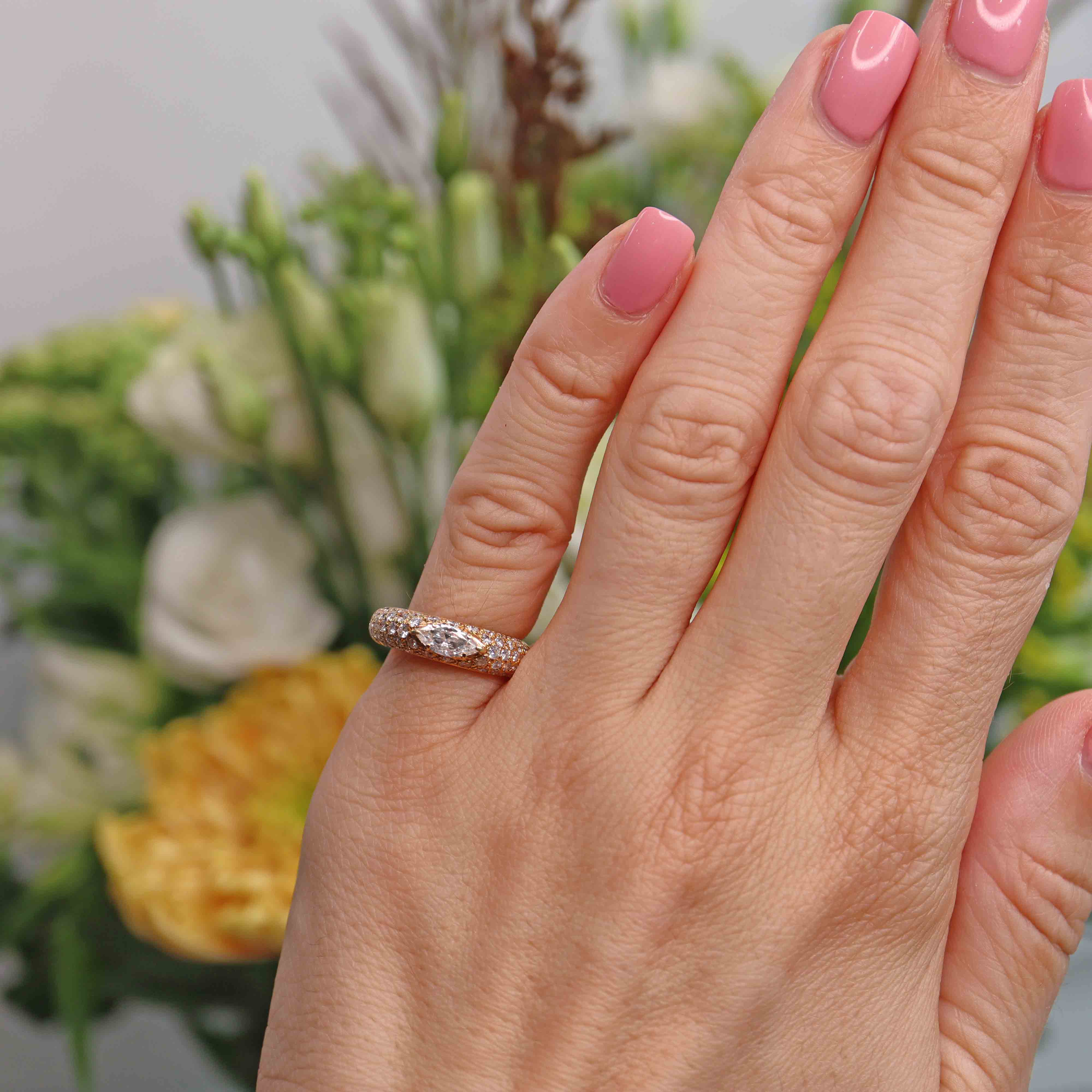 Ellibelle Jewellery Vintage 1979 Marquise Diamond Pavé Set 18ct Gold Band Ring