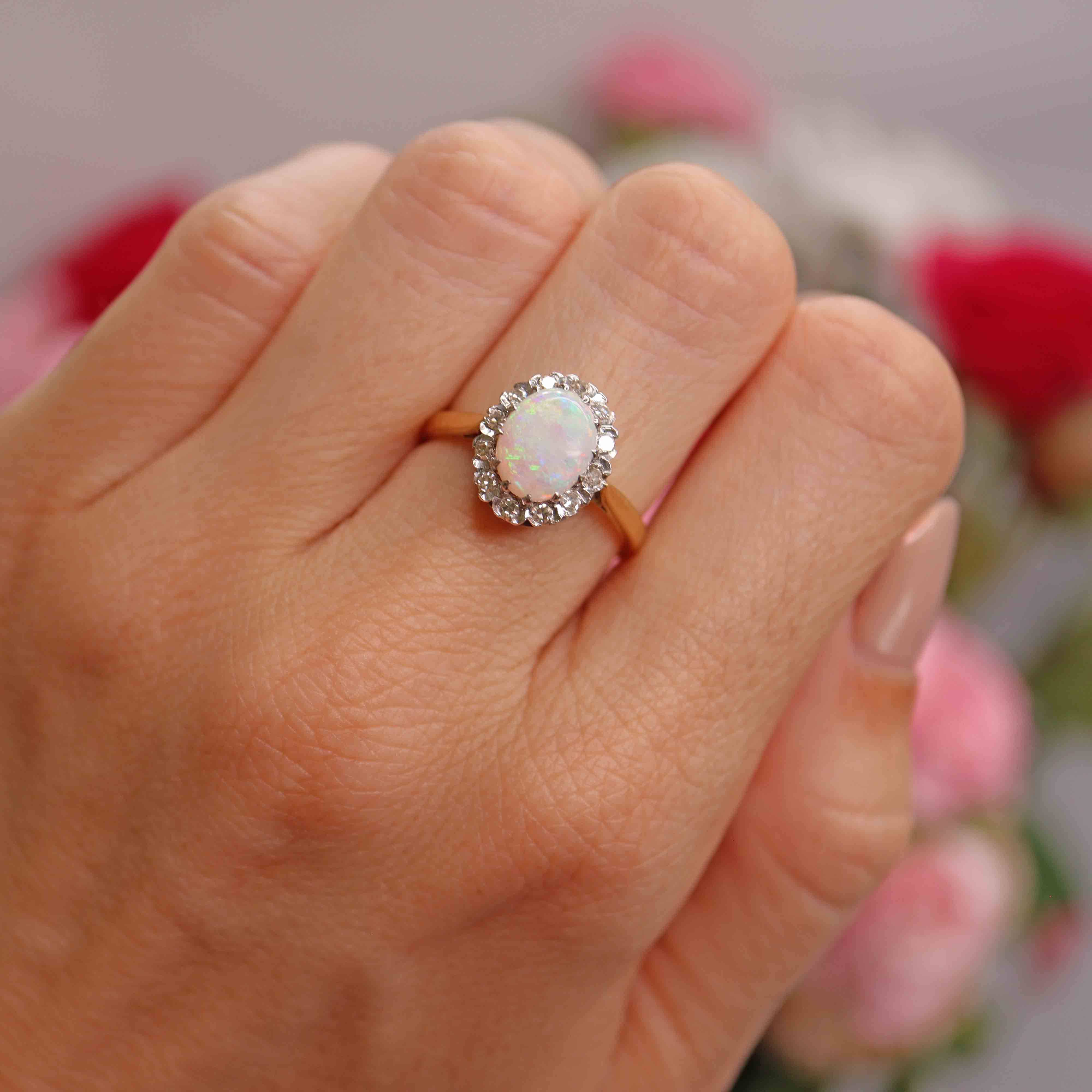 Ellibelle Jewellery Vintage 1979 Natural Opal & Diamond 18ct Gold Cluster Ring