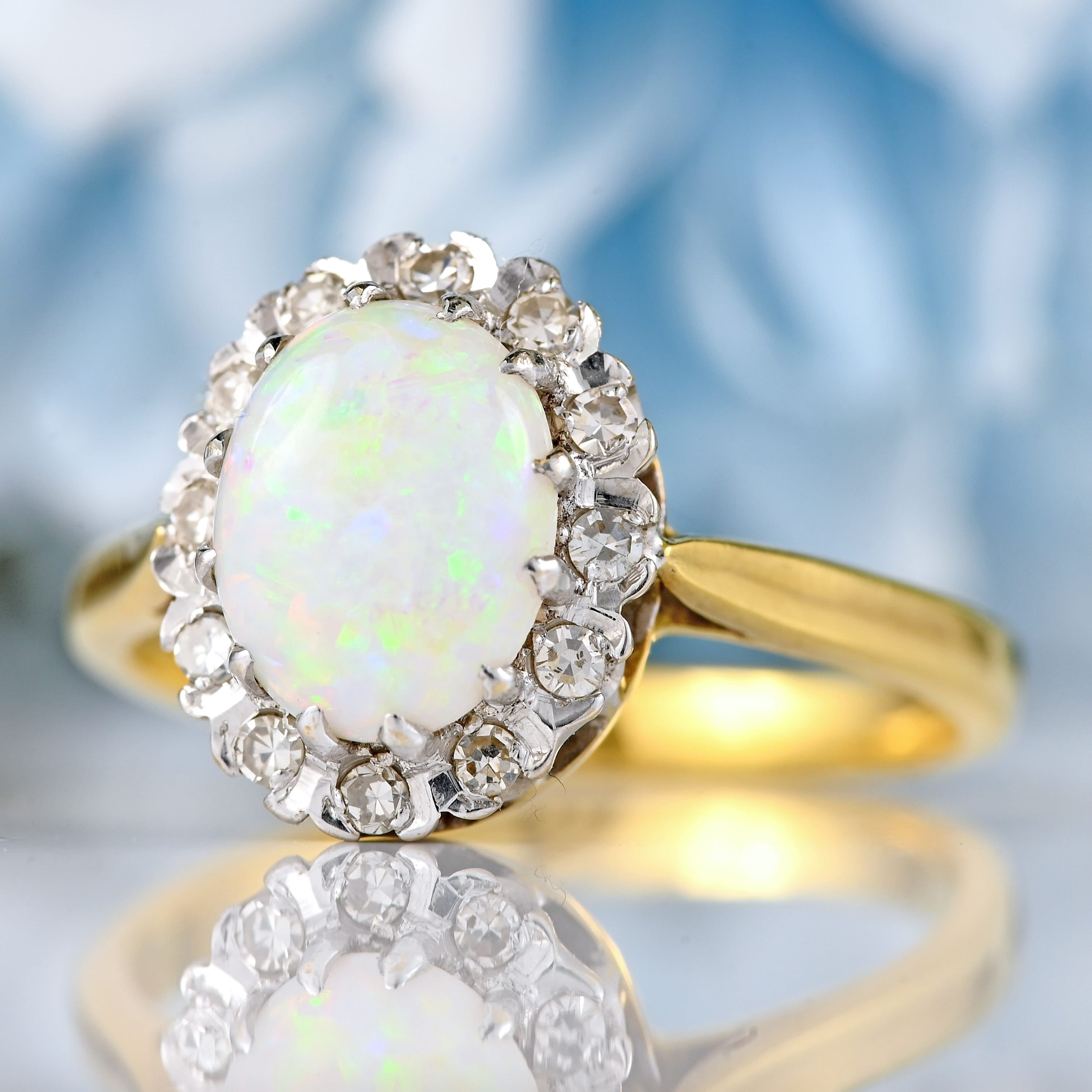 Ellibelle Jewellery Vintage 1979 Natural Opal & Diamond 18ct Gold Cluster Ring