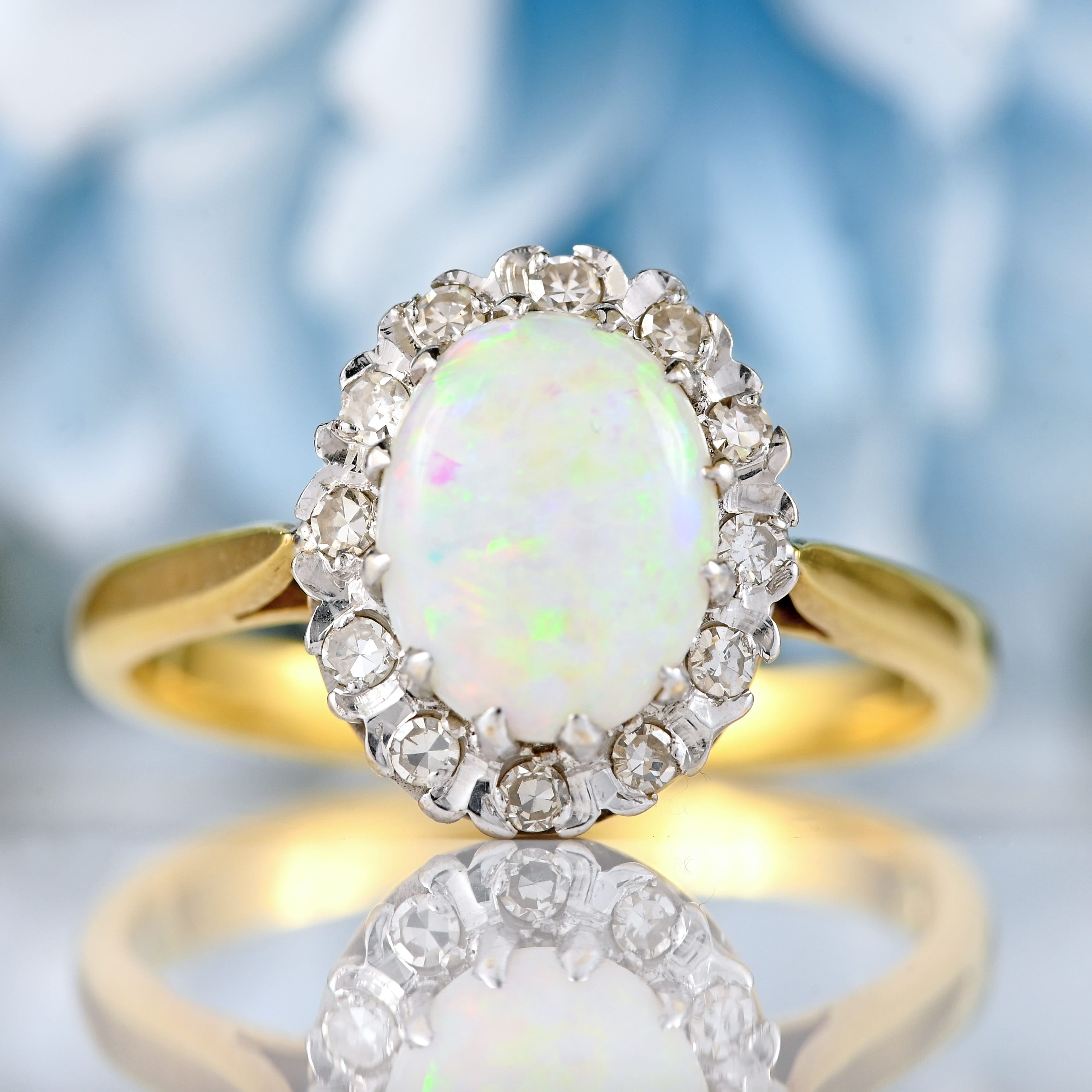 Ellibelle Jewellery Vintage 1979 Natural Opal & Diamond 18ct Gold Cluster Ring
