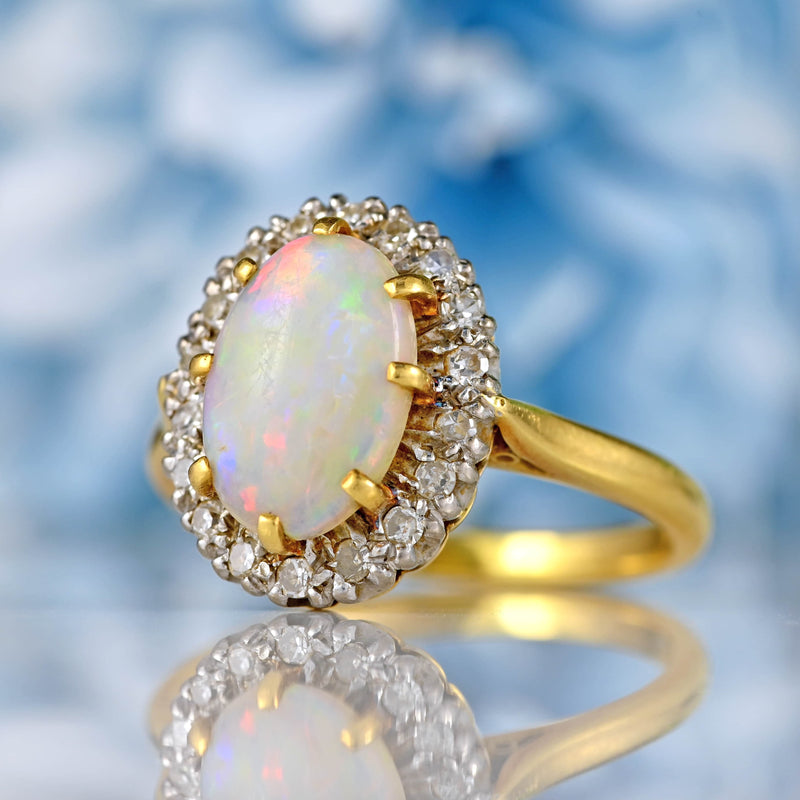 Ellibelle Jewellery Vintage 1979 Opal & Diamond 18ct Gold Oval Cluster Ring