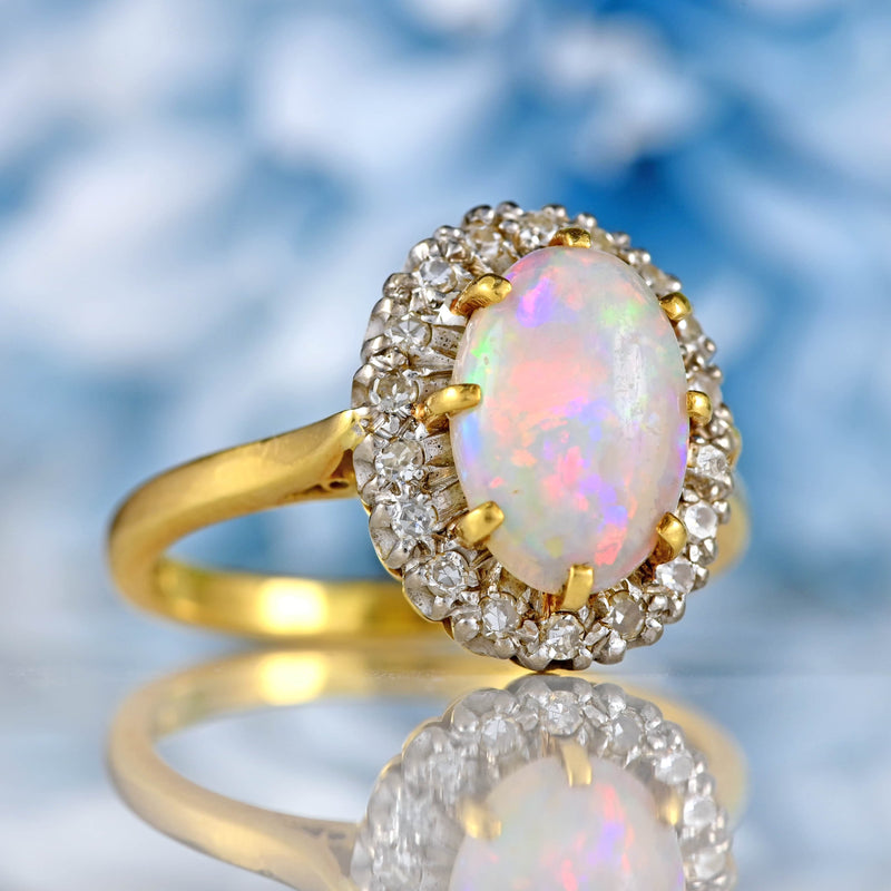Ellibelle Jewellery Vintage 1979 Opal & Diamond 18ct Gold Oval Cluster Ring