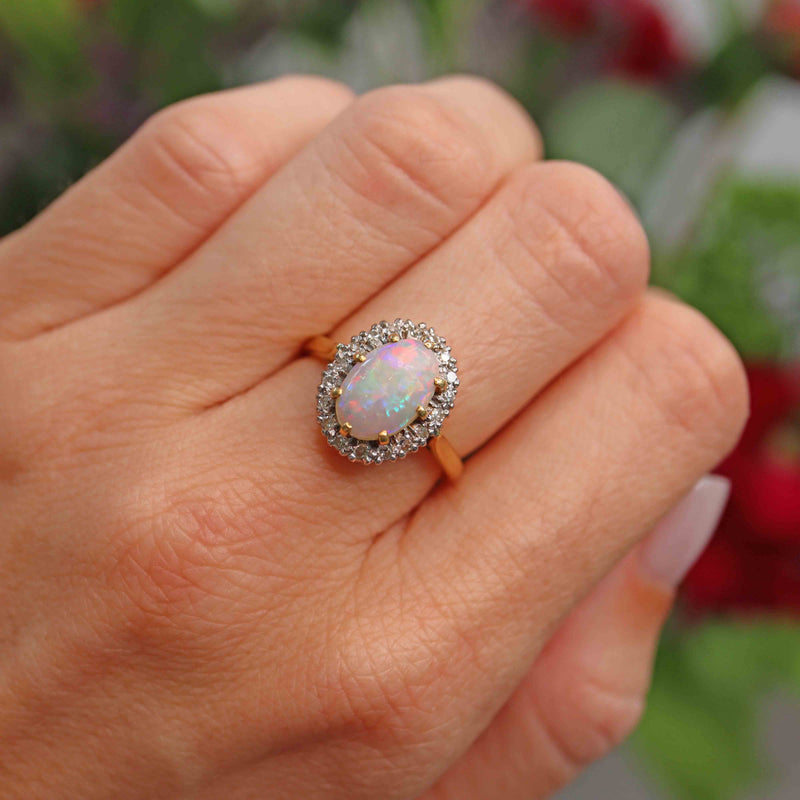 Ellibelle Jewellery Vintage 1979 Opal & Diamond 18ct Gold Oval Cluster Ring