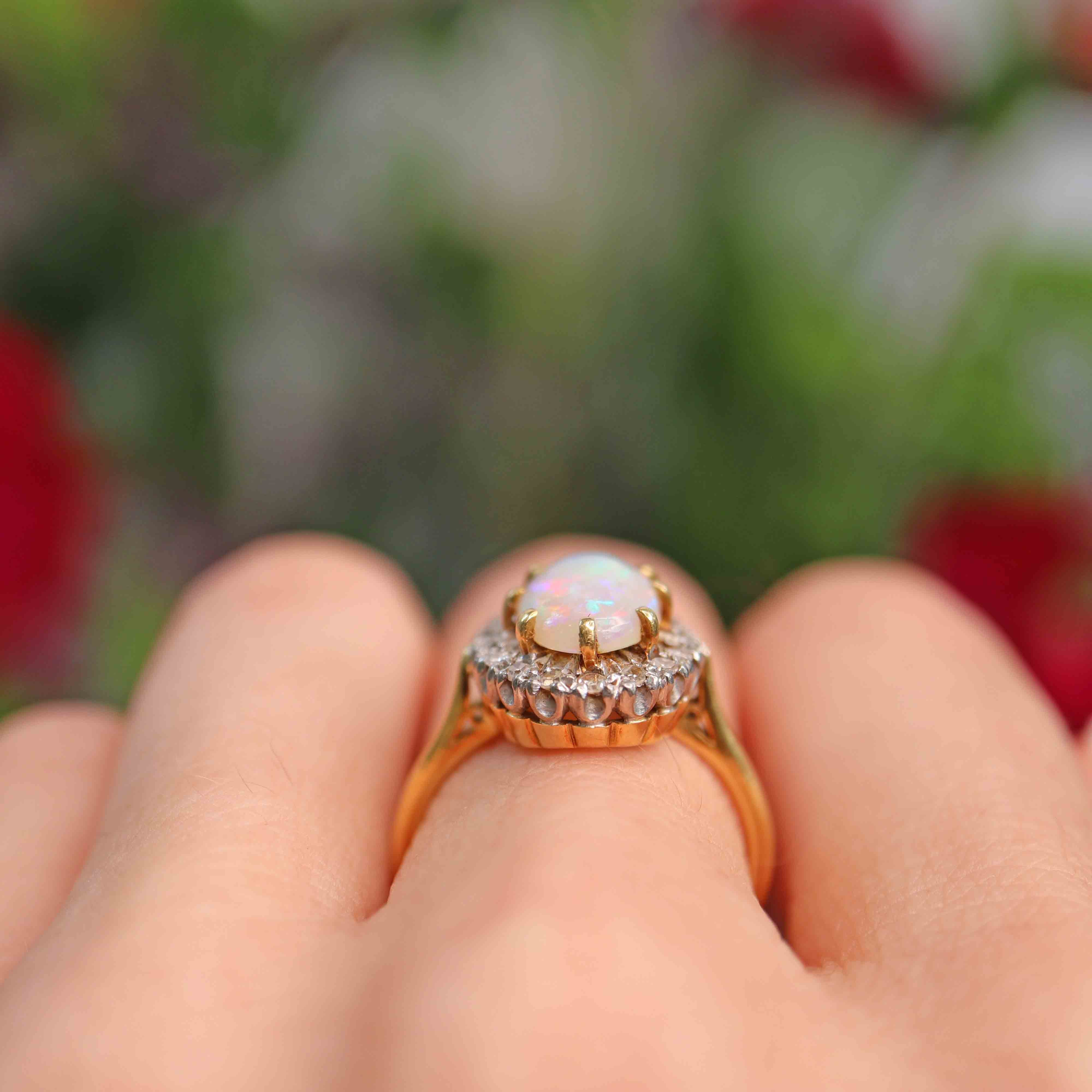 Ellibelle Jewellery Vintage 1979 Opal & Diamond 18ct Gold Oval Cluster Ring