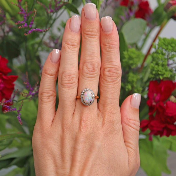 Ellibelle Jewellery Vintage 1979 Opal & Diamond 18ct Gold Oval Cluster Ring