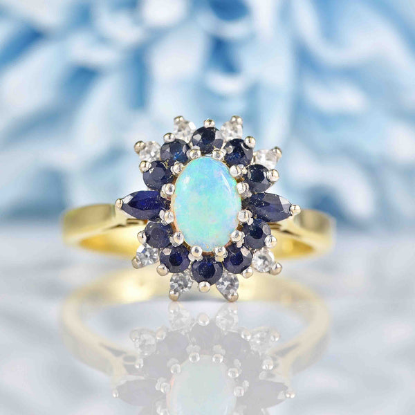 Ellibelle Jewellery Vintage 1979 Opal Sapphire & Diamond 18ct Gold Cluster Ring