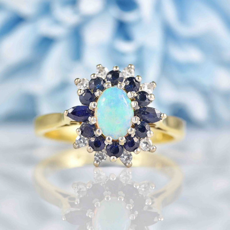 Ellibelle Jewellery Vintage 1979 Opal Sapphire & Diamond 18ct Gold Cluster Ring
