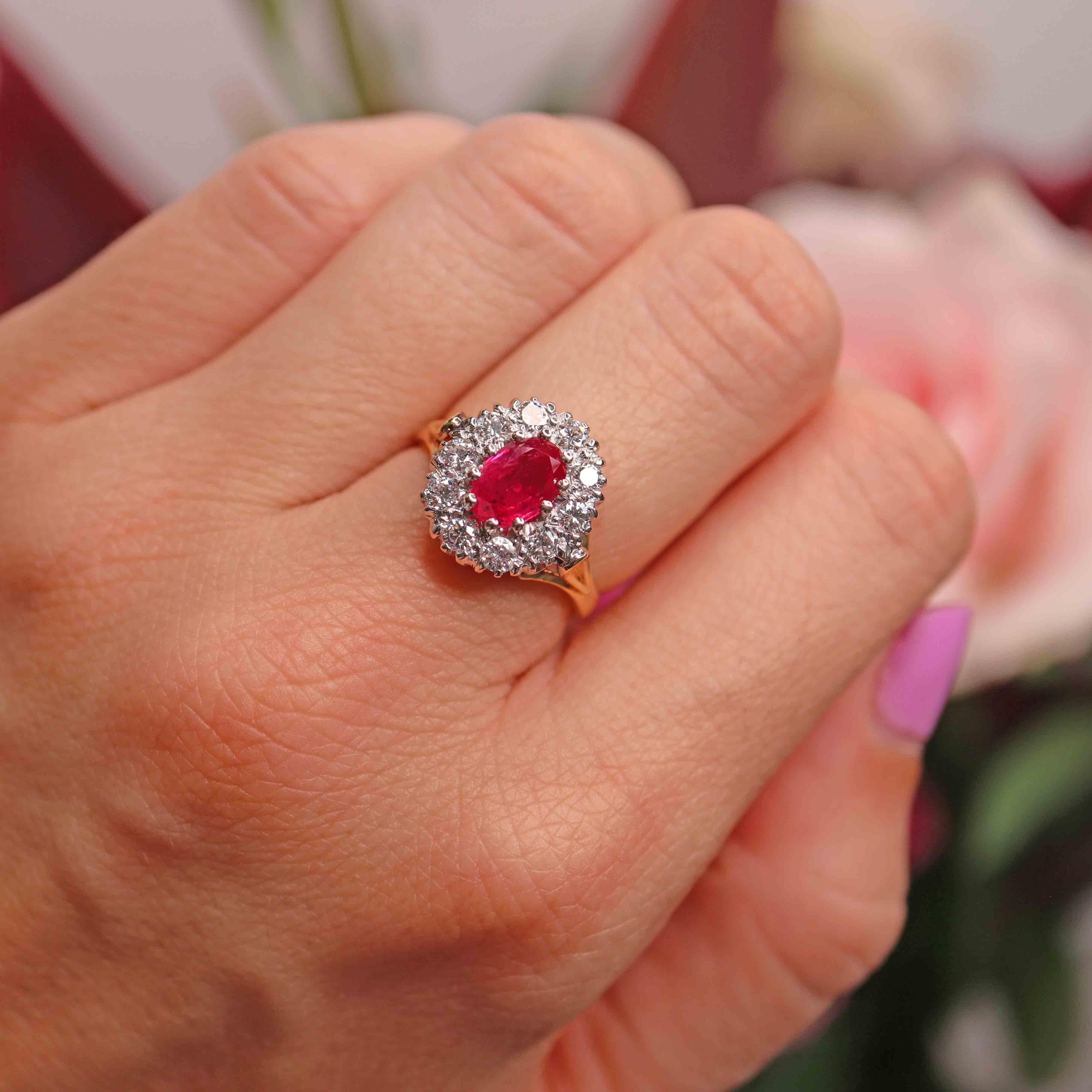 Ellibelle Jewellery Vintage 1979 Ruby & Diamond 18ct Gold Cluster Engagement Ring