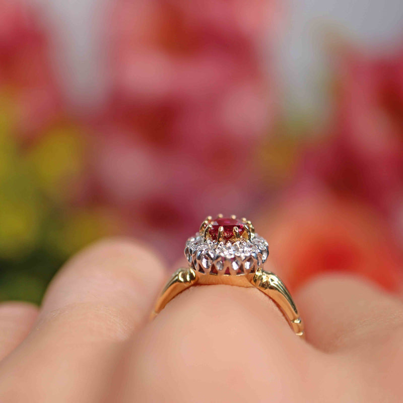 Ellibelle Jewellery Vintage 1979 Ruby & Diamond 18ct Gold Oval Cluster Ring