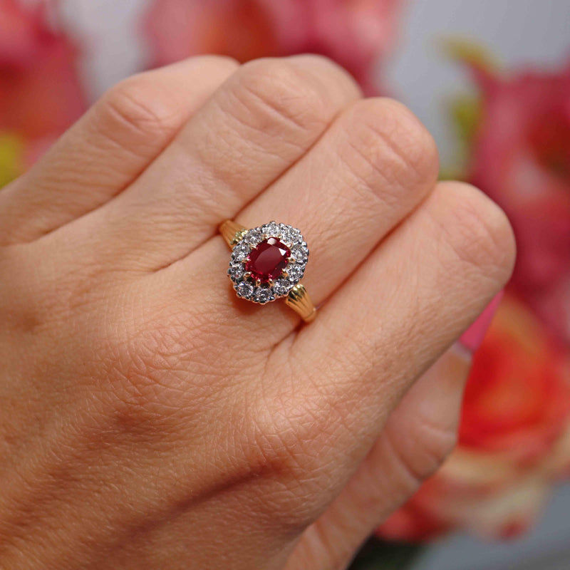 Ellibelle Jewellery Vintage 1979 Ruby & Diamond 18ct Gold Oval Cluster Ring