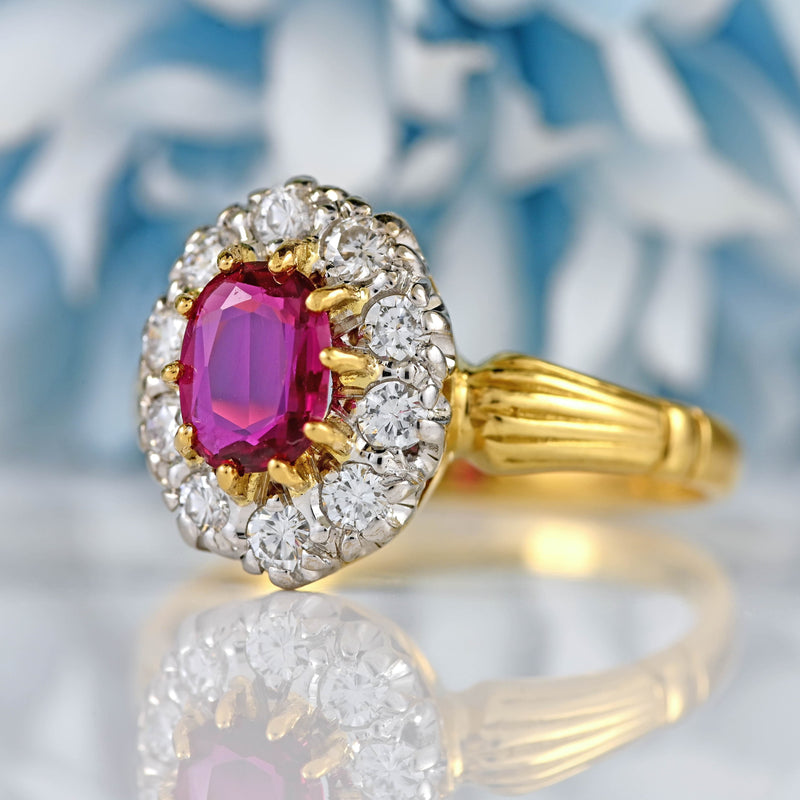 Ellibelle Jewellery Vintage 1979 Ruby & Diamond 18ct Gold Oval Cluster Ring